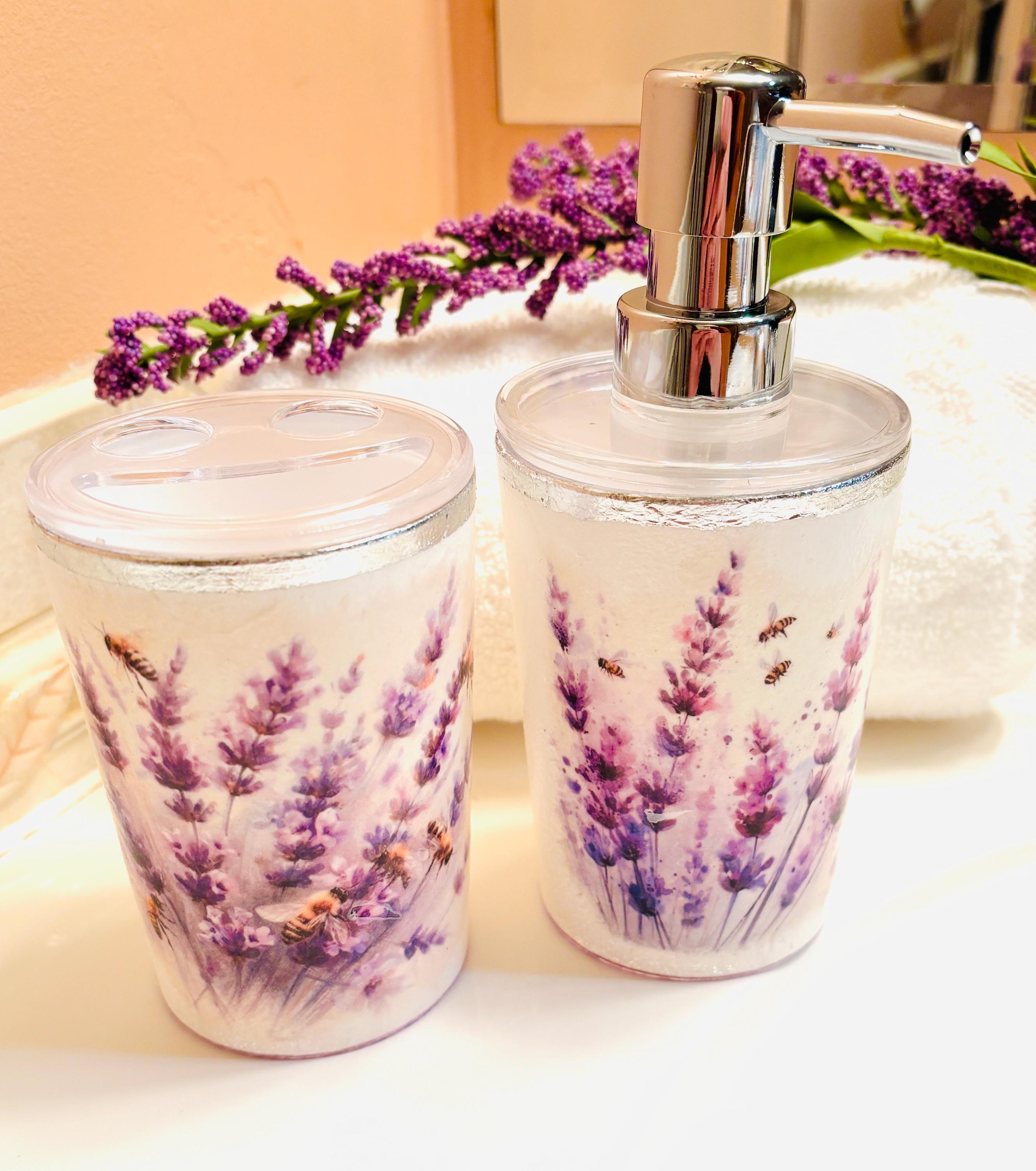 Vanity Soap Dispenser & Toothbrush Holders, Lavender Design