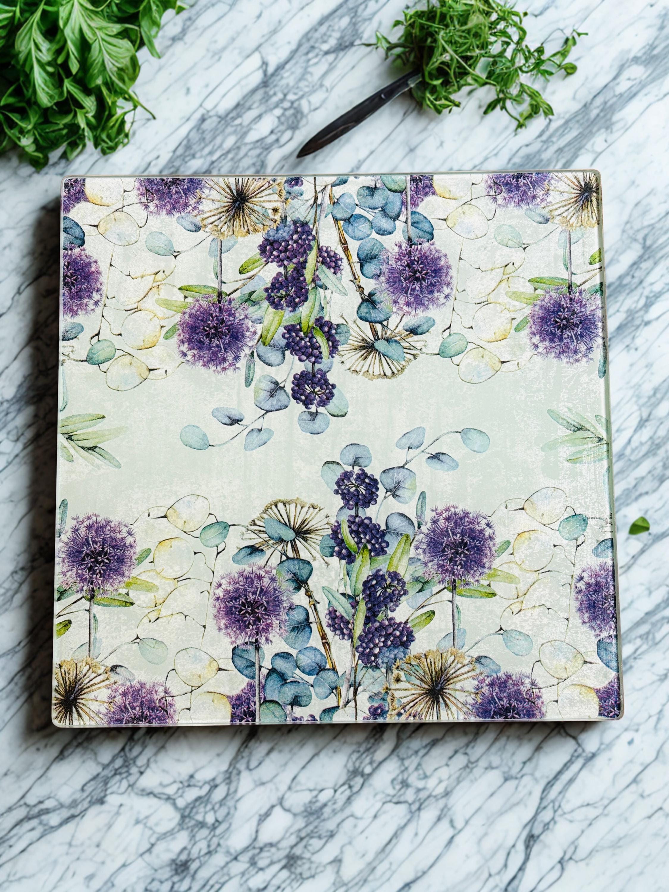 Square 10" Glass Cutting/Cheese Board, Purple Flowers and Raspberries Design