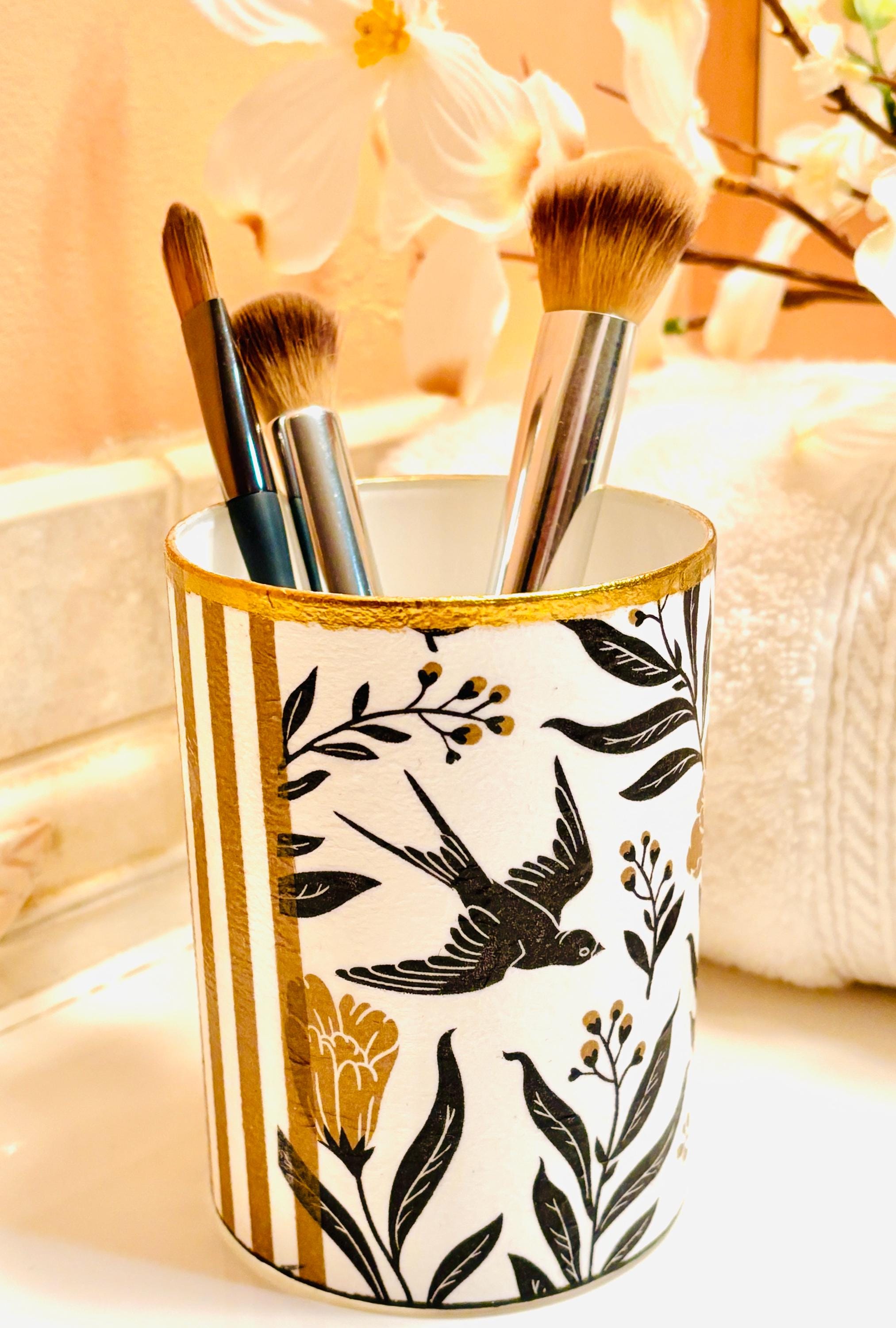 Vanity Makeup Brush/Pencil Holder, Bold Black and Gold, Floral and Stripe Design