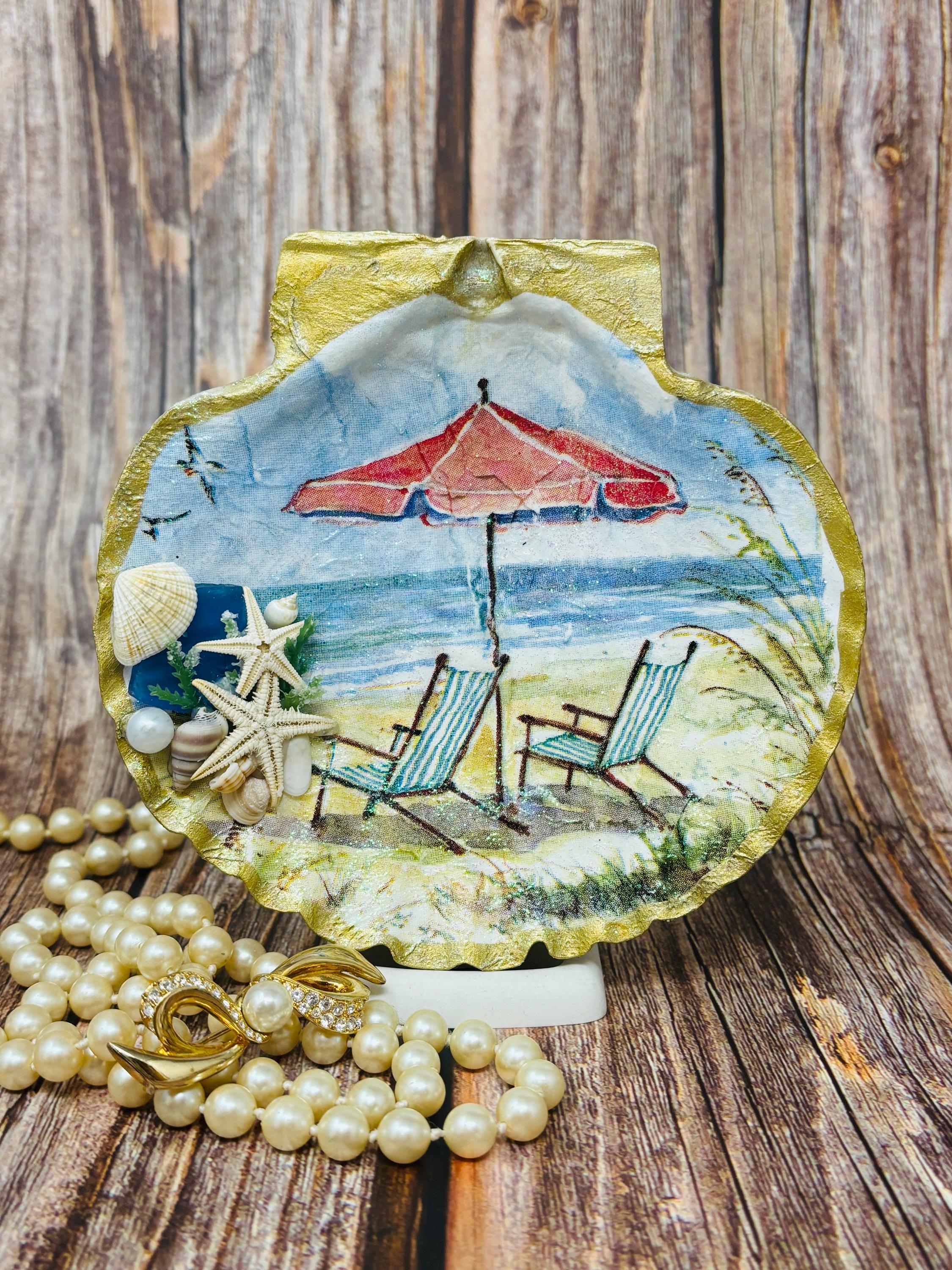 Sea Shell Trinket/Jewelry Dish Decoupage Beach Scene