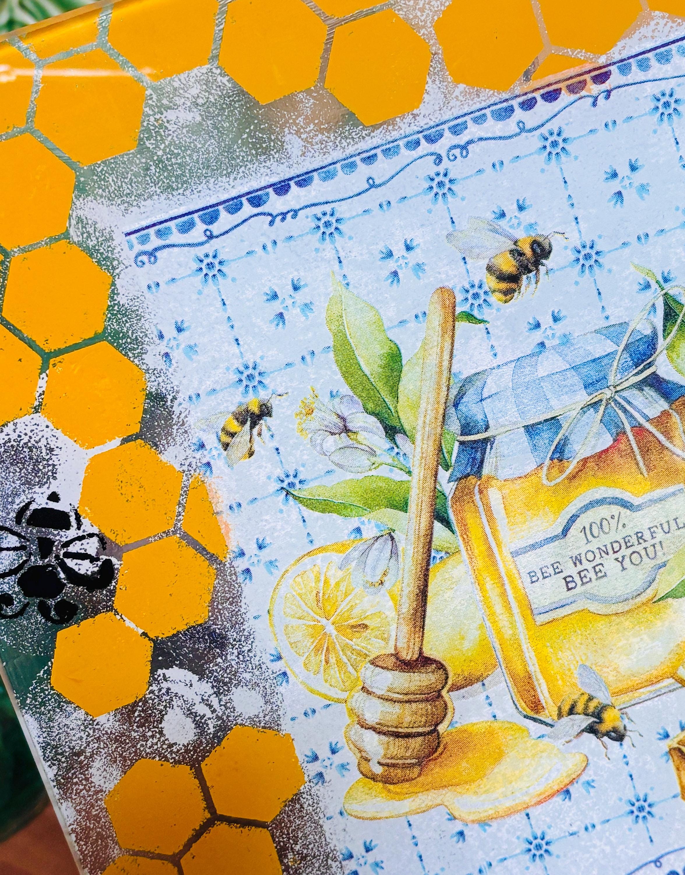 Charcuterie Board Square 10" Glass, Honey Bee