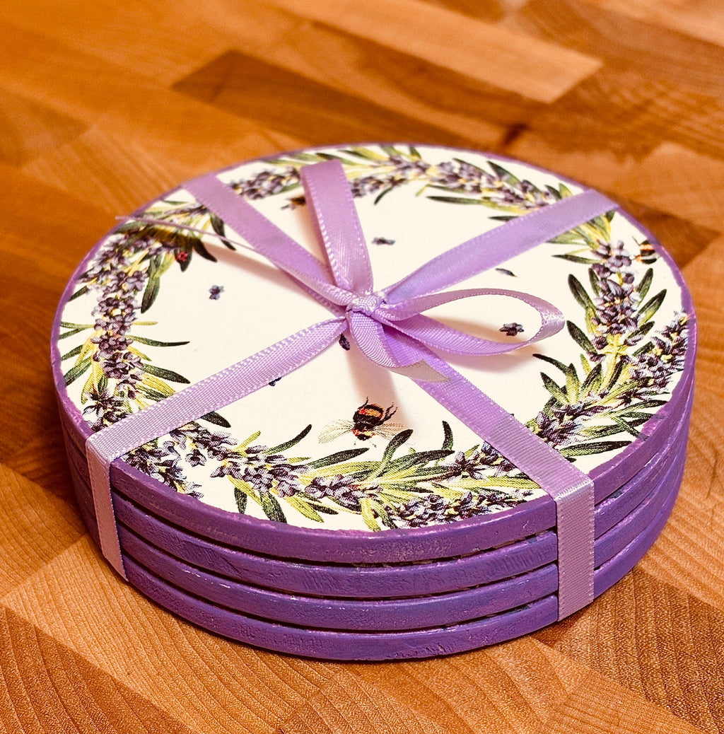 Wood Coasters, Decoupage Art, Lavender and Bees
