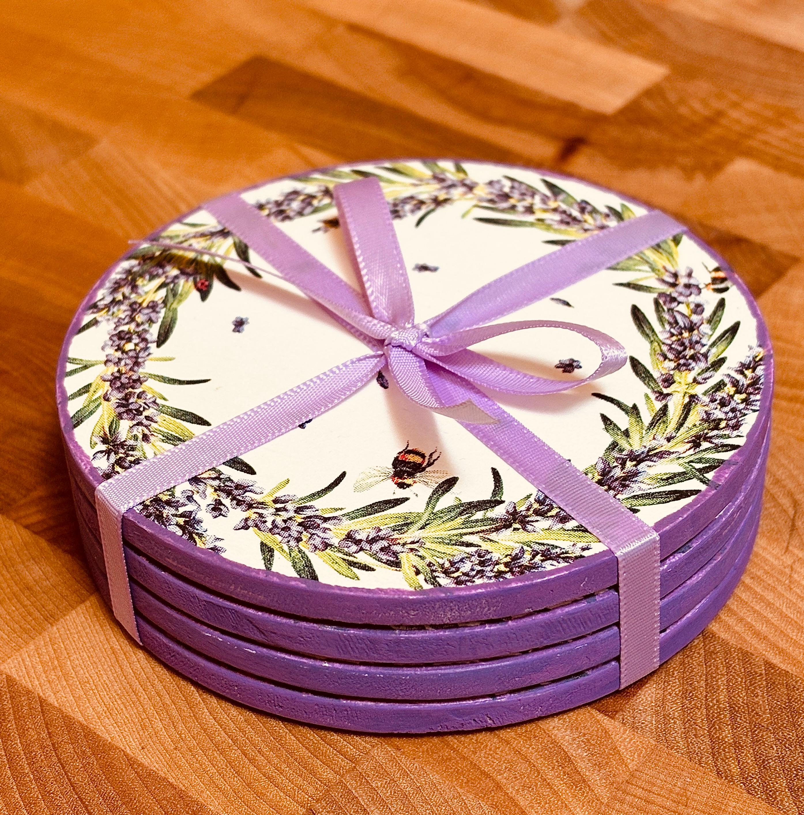 Wood Coasters, Decoupage Art, Lavender and Bees