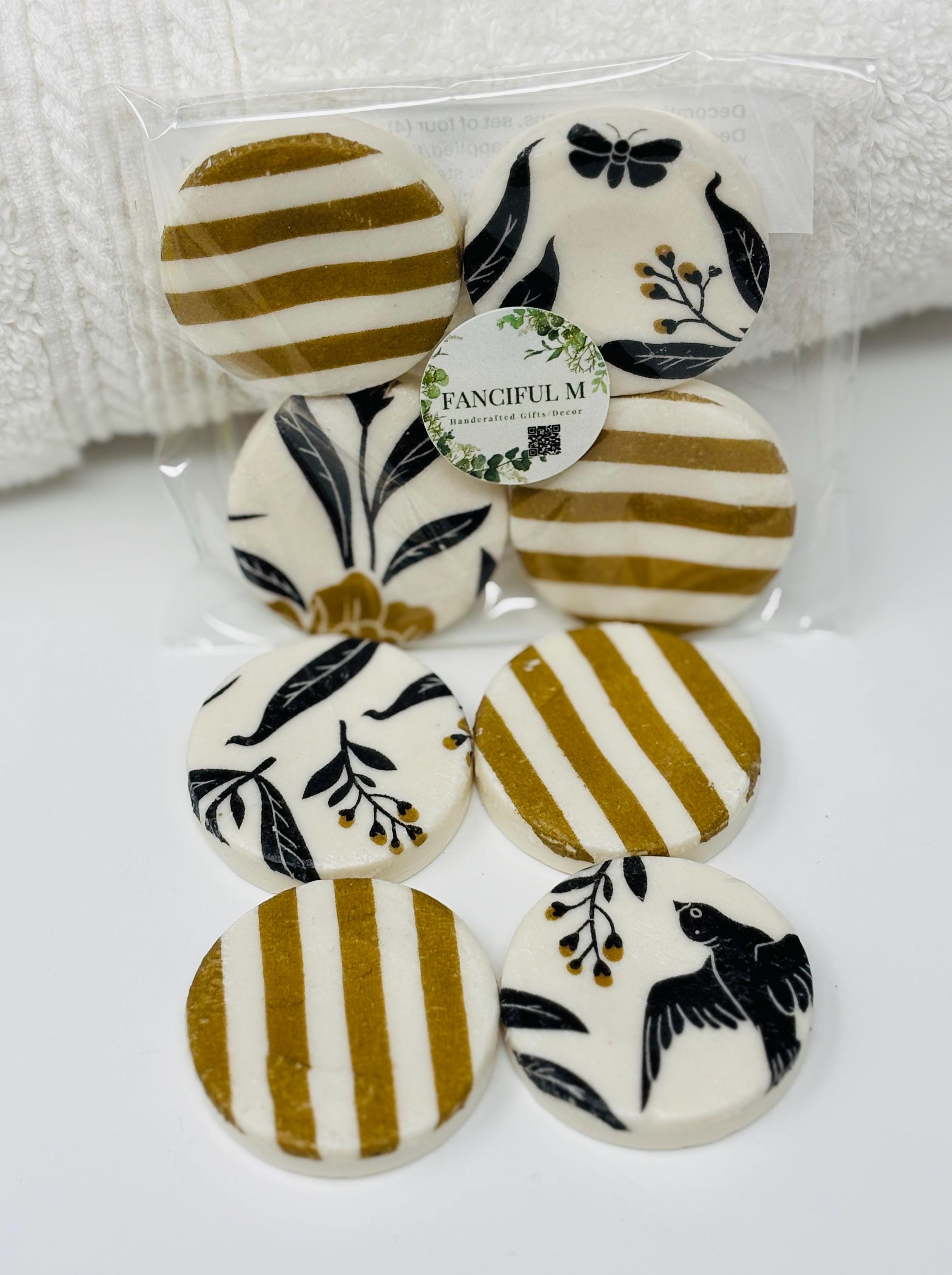 Decorative Mini Soaps, Set of 4, Bold Black and Gold, Floral and Stripe Design
