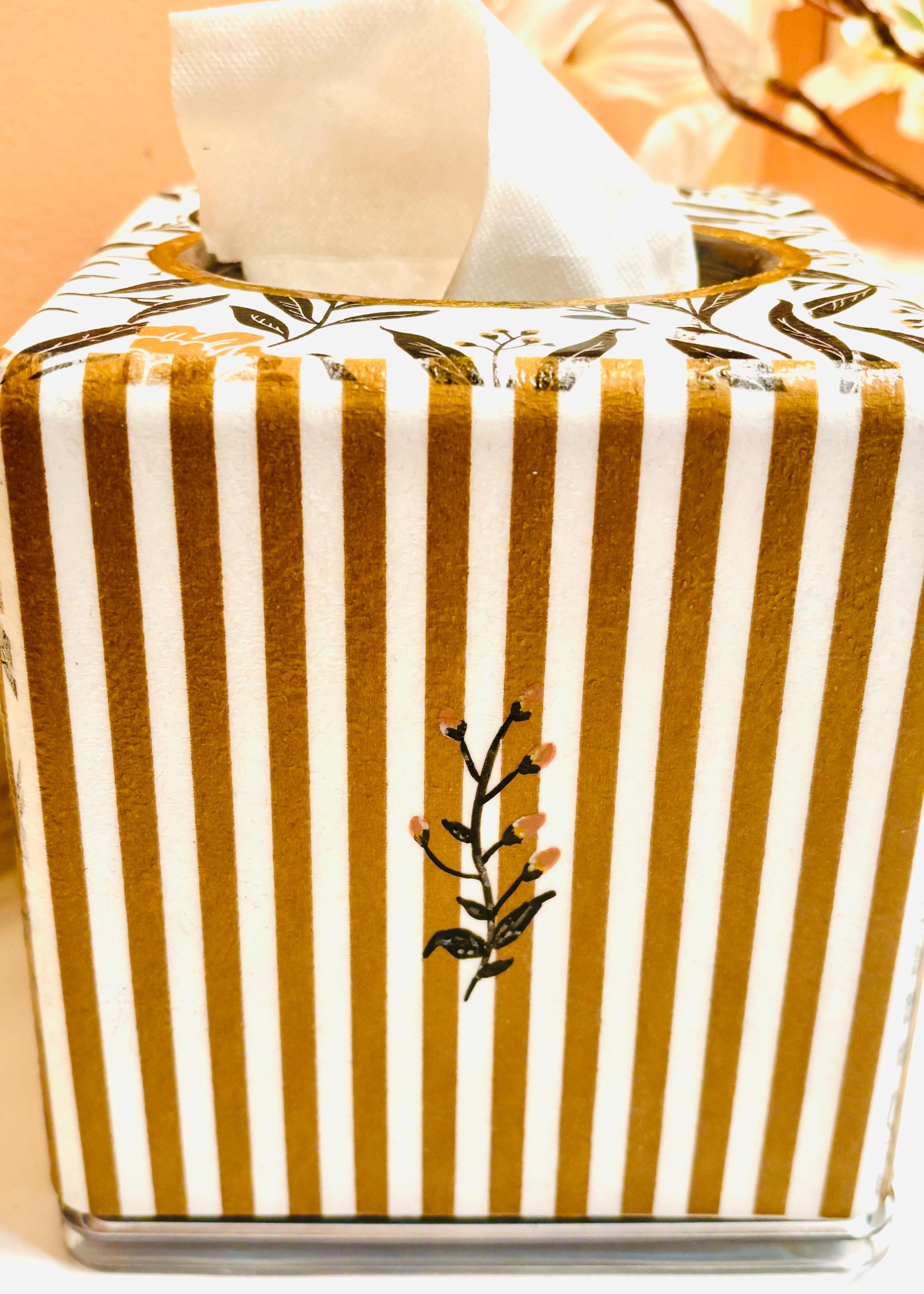 Vanity Tissue Box Holder, Bold Black and Gold, Floral and Stripe Design