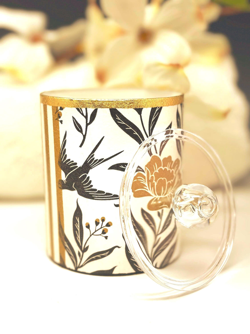 Vanity Jar with Lid, 12 oz., Bold Black and Gold, Floral and Stripe Design