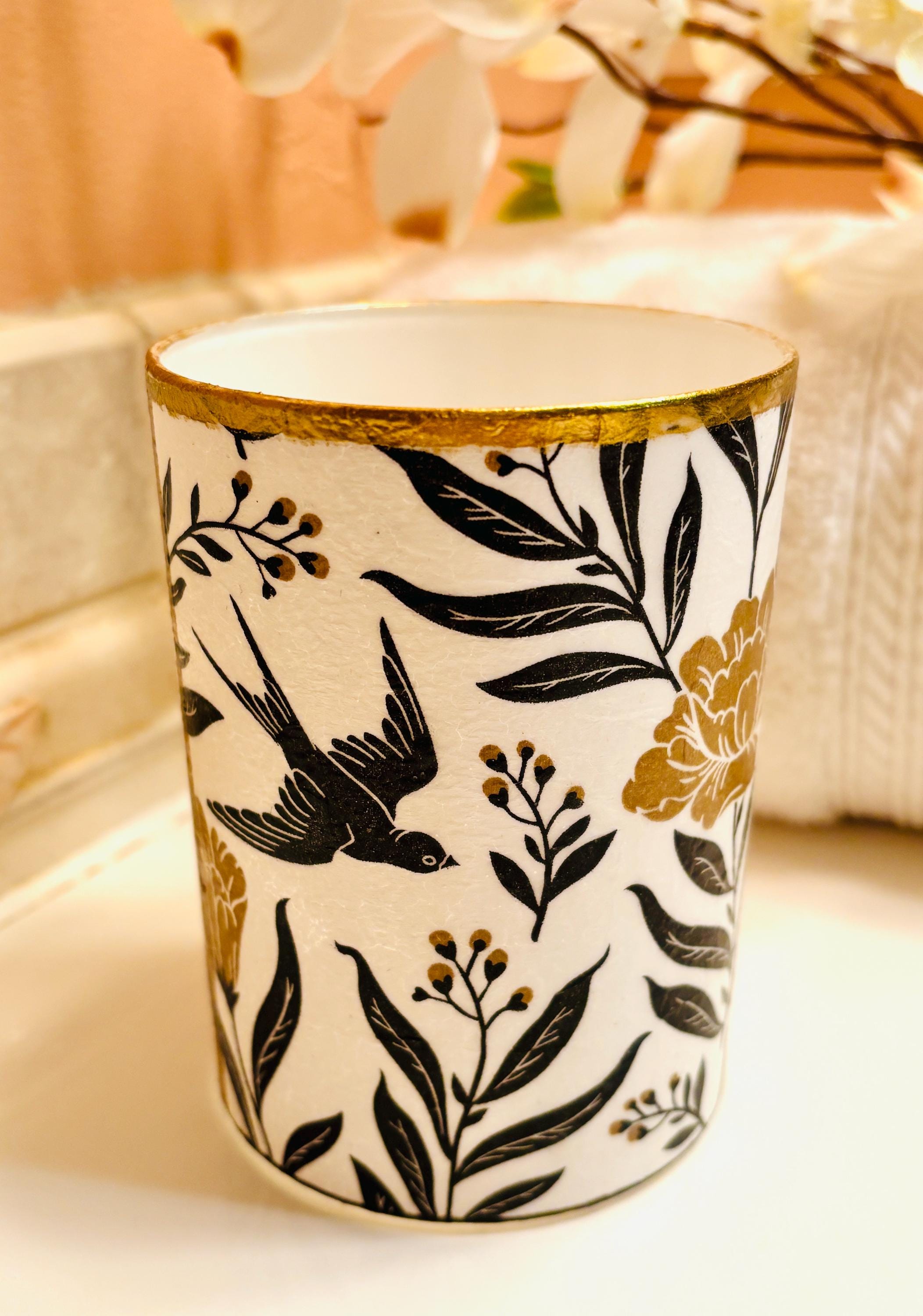 Vanity Makeup Brush/Pencil Holder, Bold Black and Gold, Floral and Stripe Design