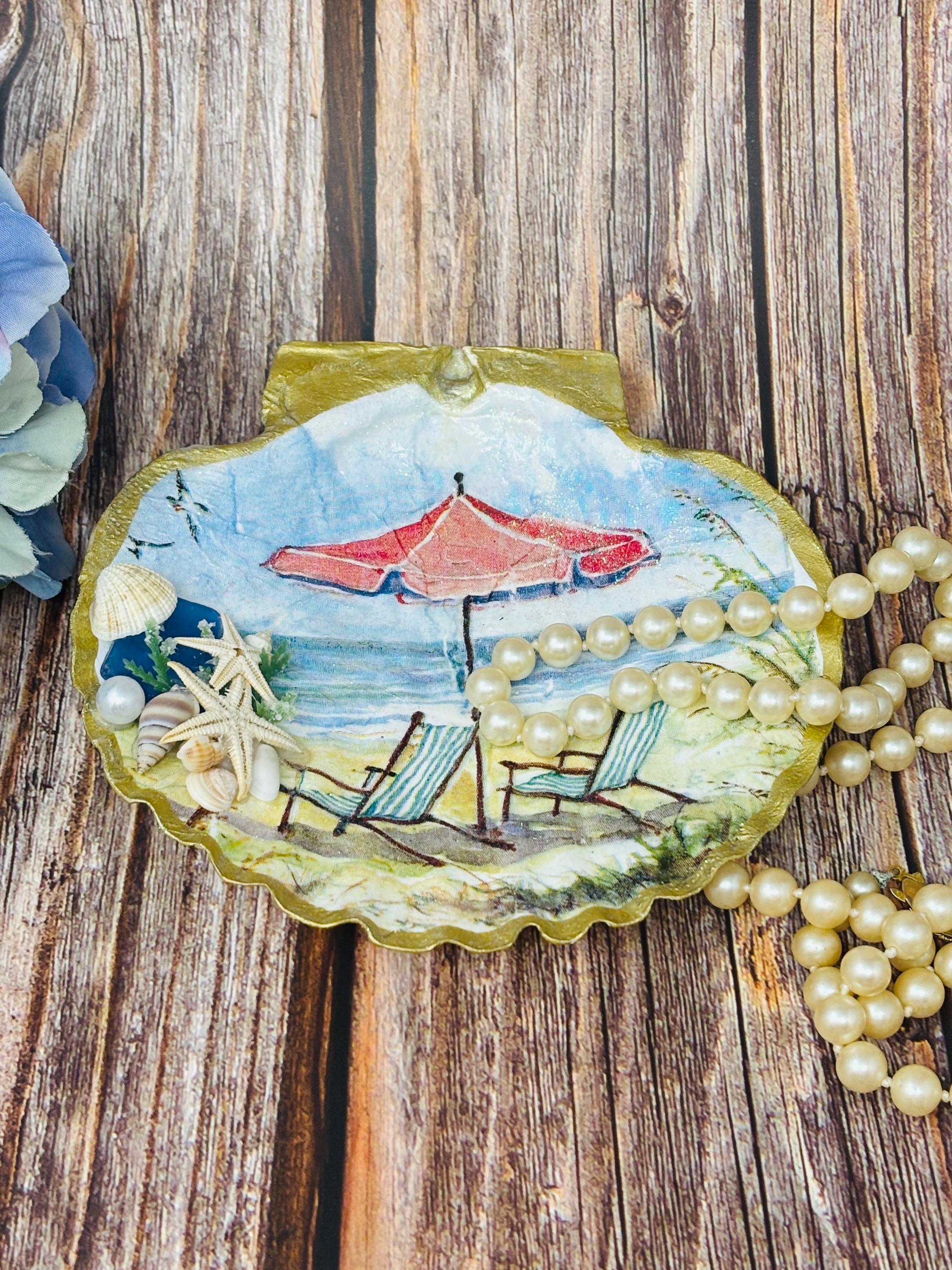Sea Shell Trinket/Jewelry Dish Decoupage Beach Scene