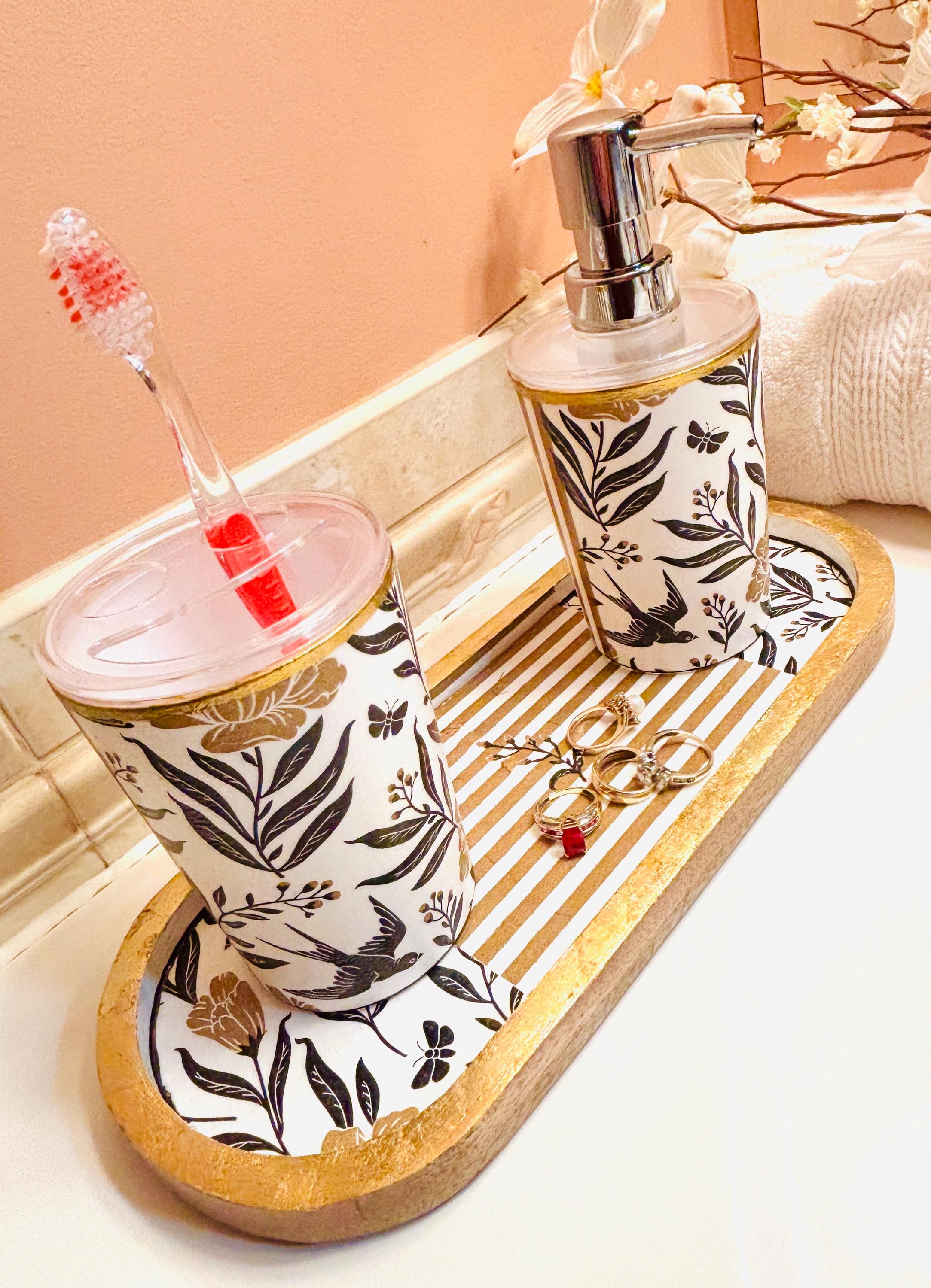 Vanity Soap Dispenser & Toothbrush Holders, Bold Black and Gold, Floral and Stripe Design