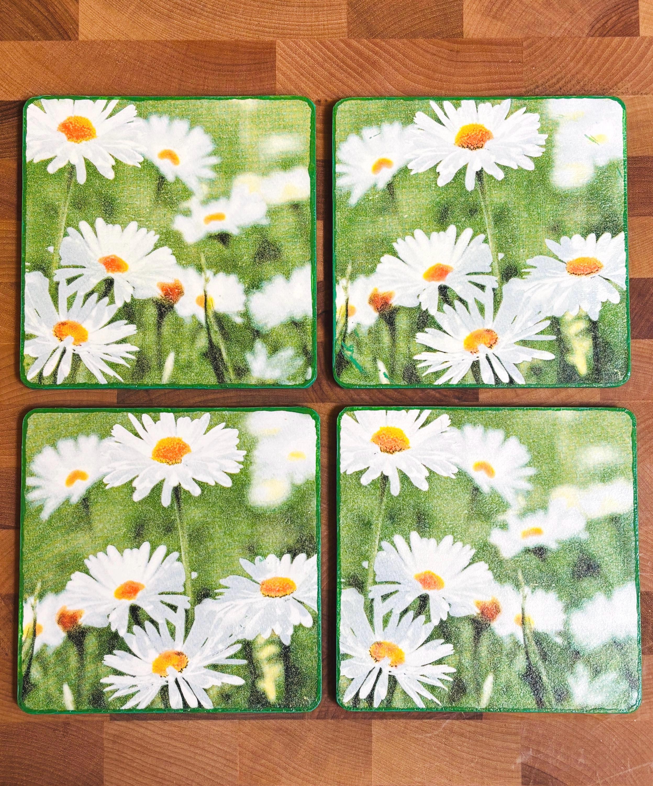 Wood Coasters, Decoupage Art, White Daisies