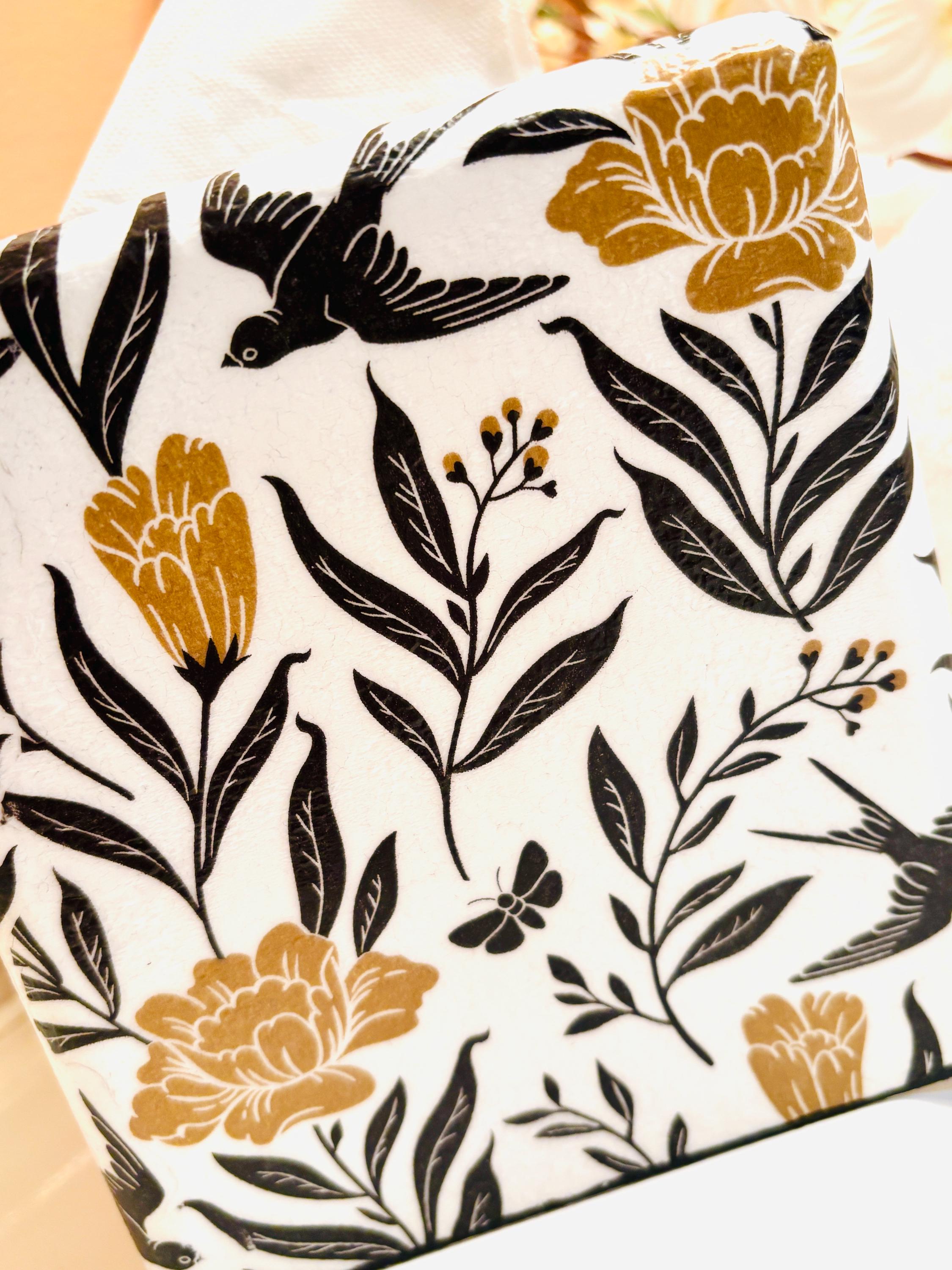 Vanity Tissue Box Holder, Bold Black and Gold, Floral and Stripe Design