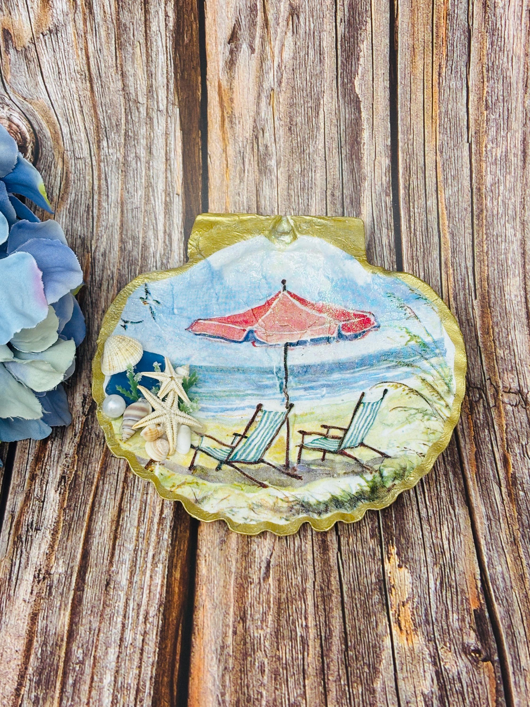 Sea Shell Trinket/Jewelry Dish Decoupage Beach Scene