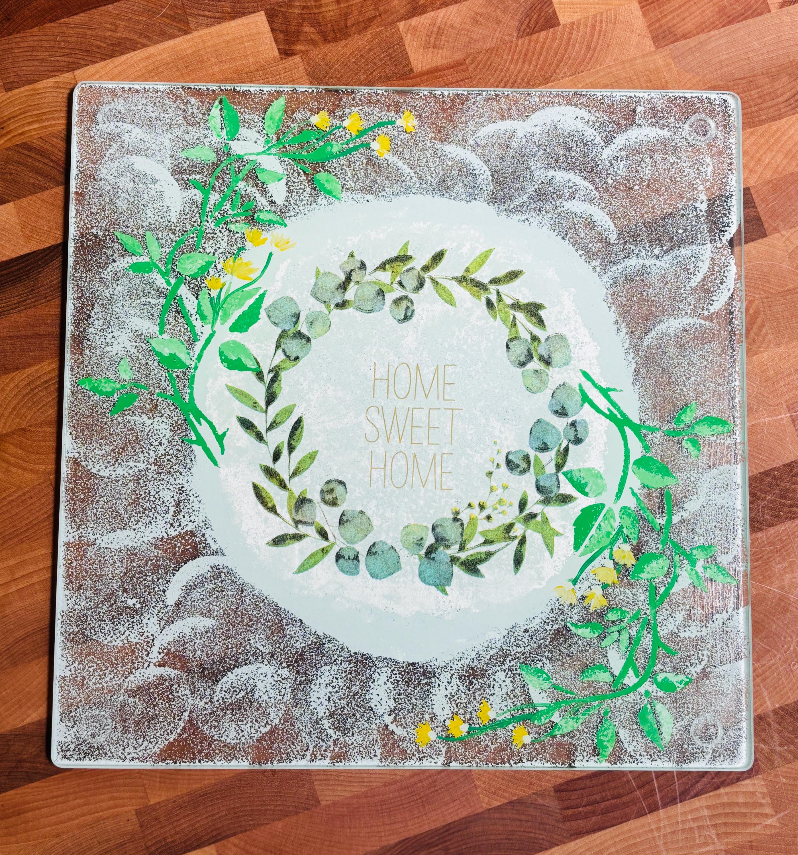 Square 10" Glass Cutting/Cheese Board, Home Sweet Home Design
