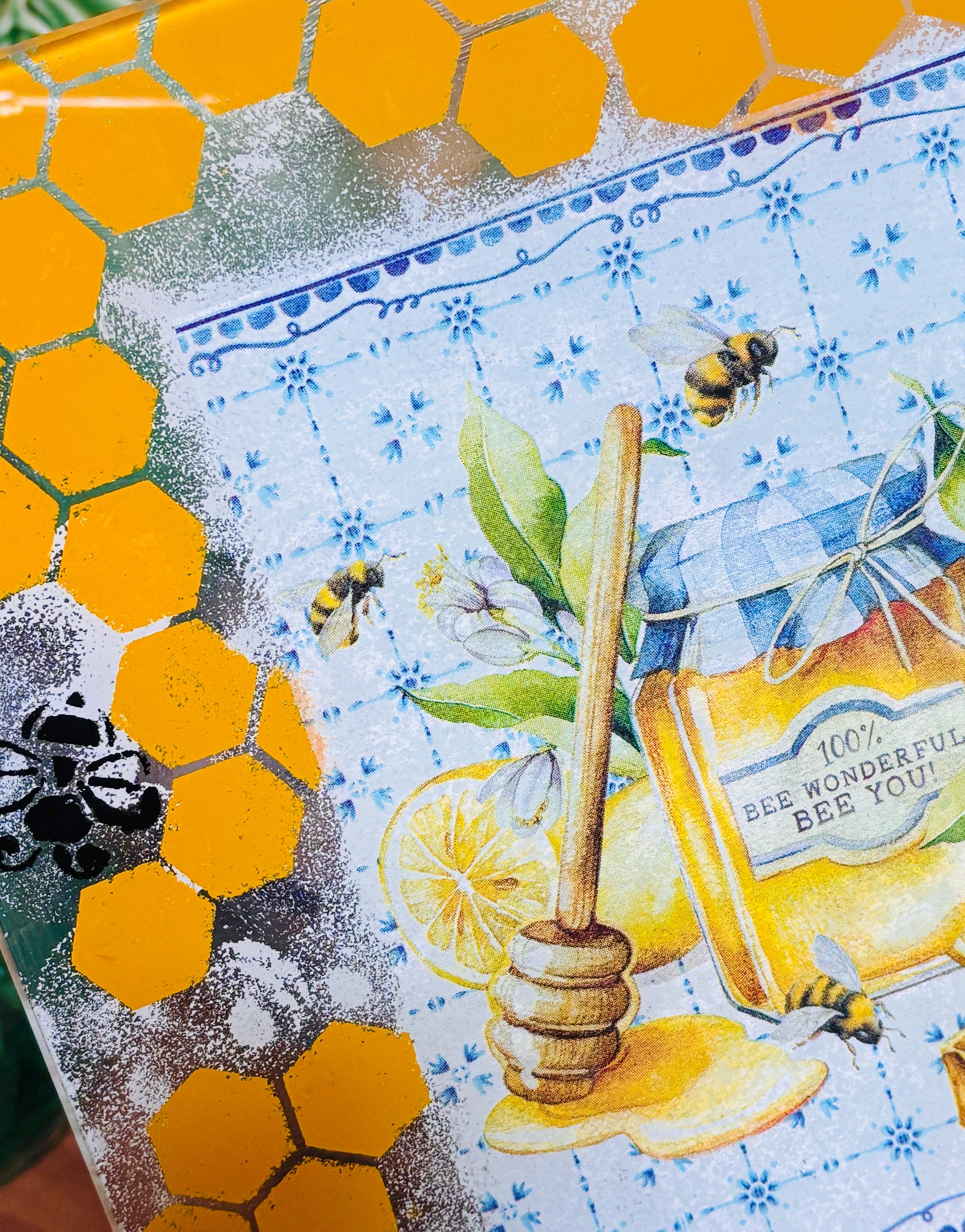 Square 10" Glass Cutting/Cheese Board, Honey Jar Design