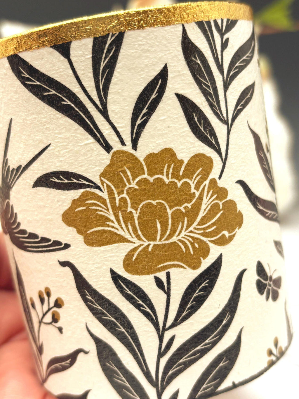 Vanity Jar with Lid, 12 oz., Bold Black and Gold, Floral and Stripe Design