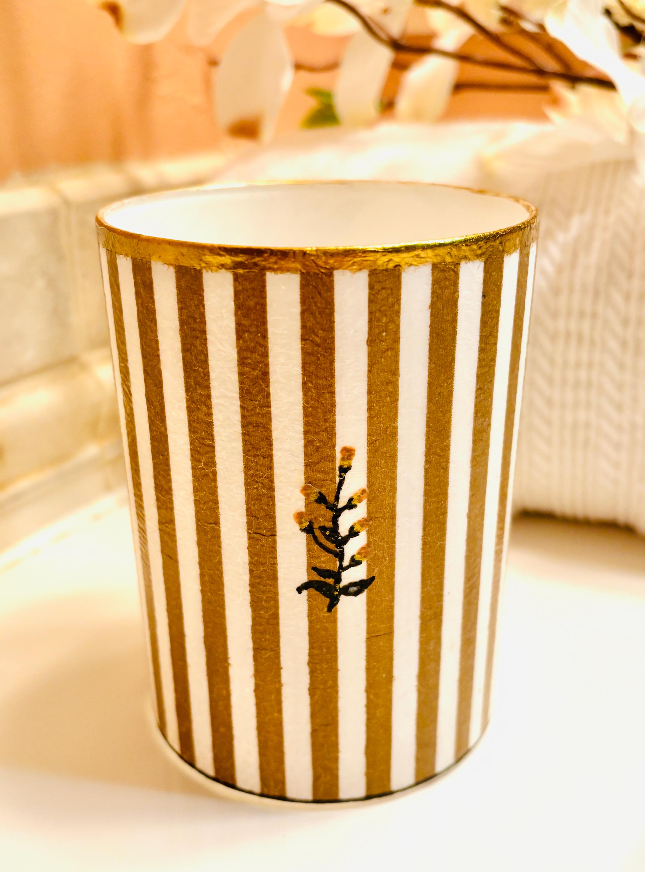 Vanity Makeup Brush/Pencil Holder, Bold Black and Gold, Floral and Stripe Design