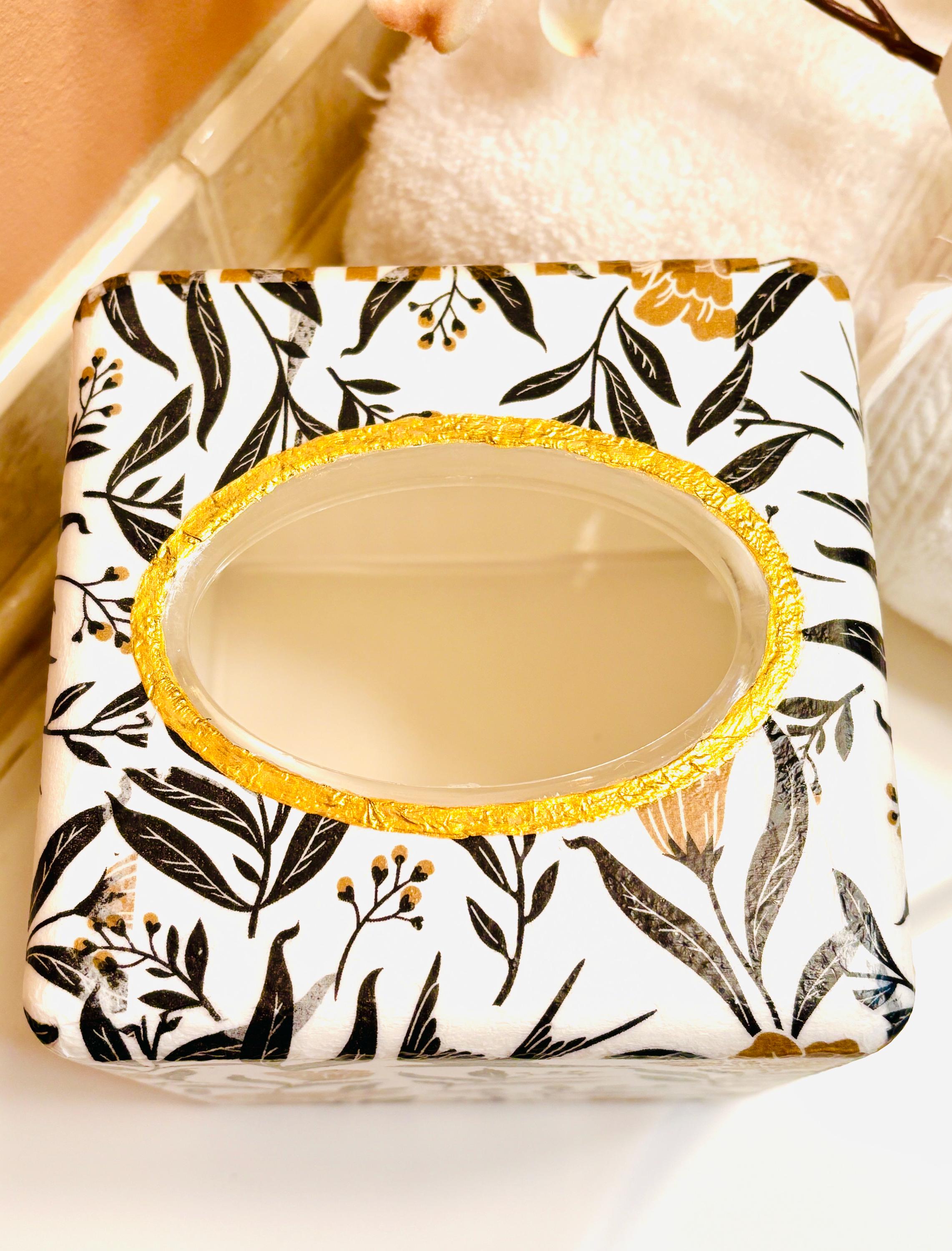 Vanity Tissue Box Holder, Bold Black and Gold, Floral and Stripe Design