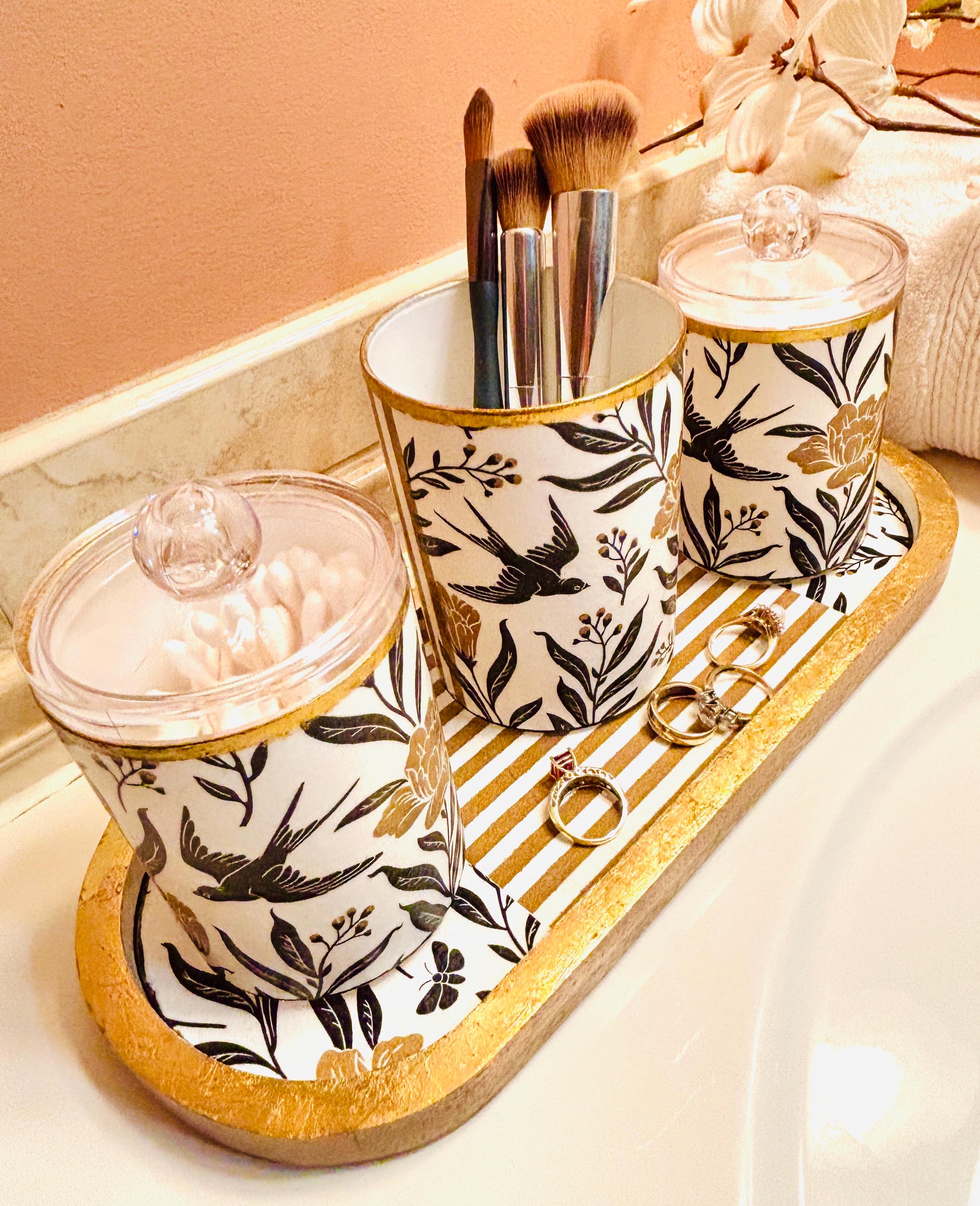 Vanity Jar with Lid, 12 oz., Bold Black and Gold, Floral and Stripe Design