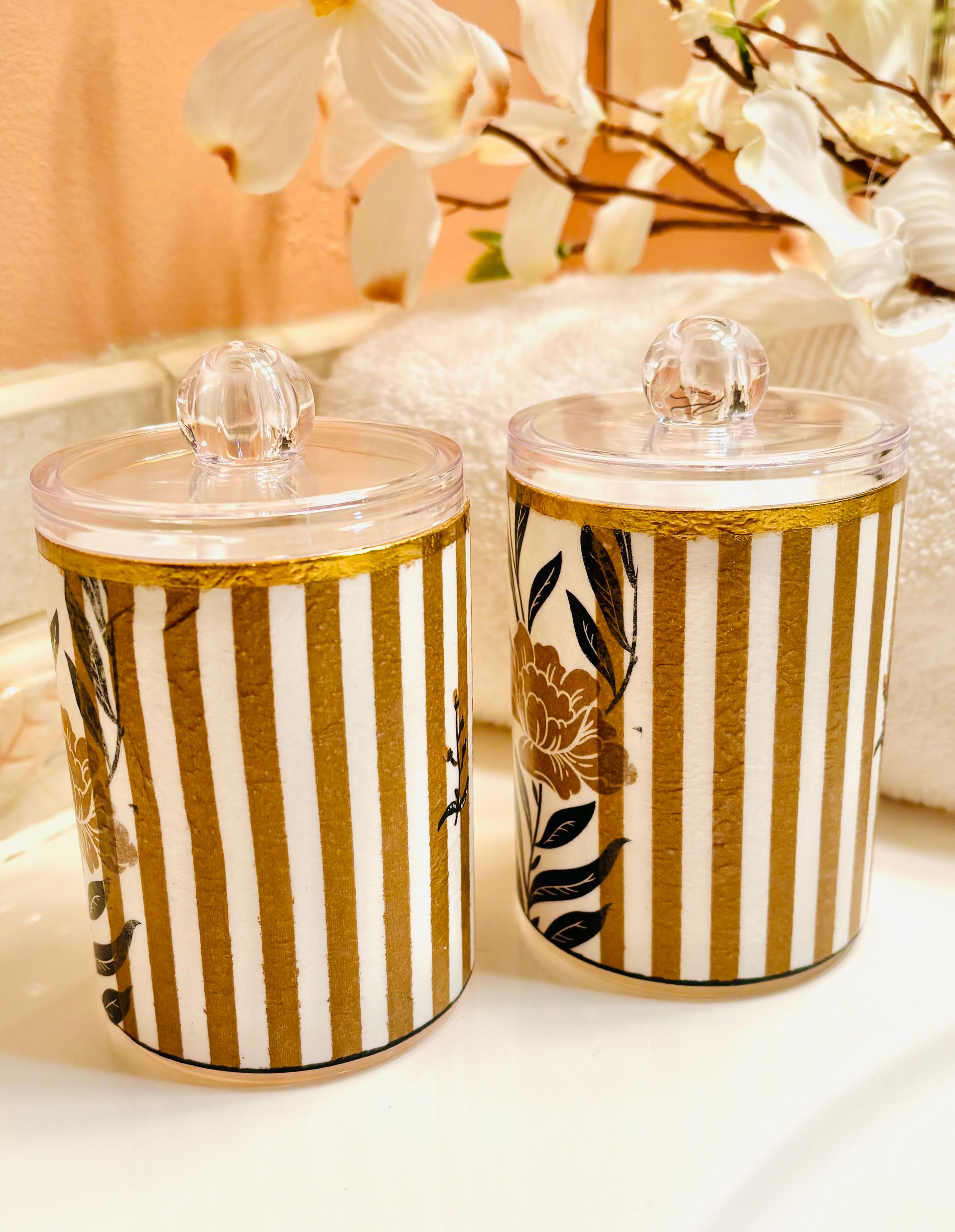 Vanity Jars with Lids, 10 oz. Set of 2, Bold Black and Gold, Floral and Stripe Design