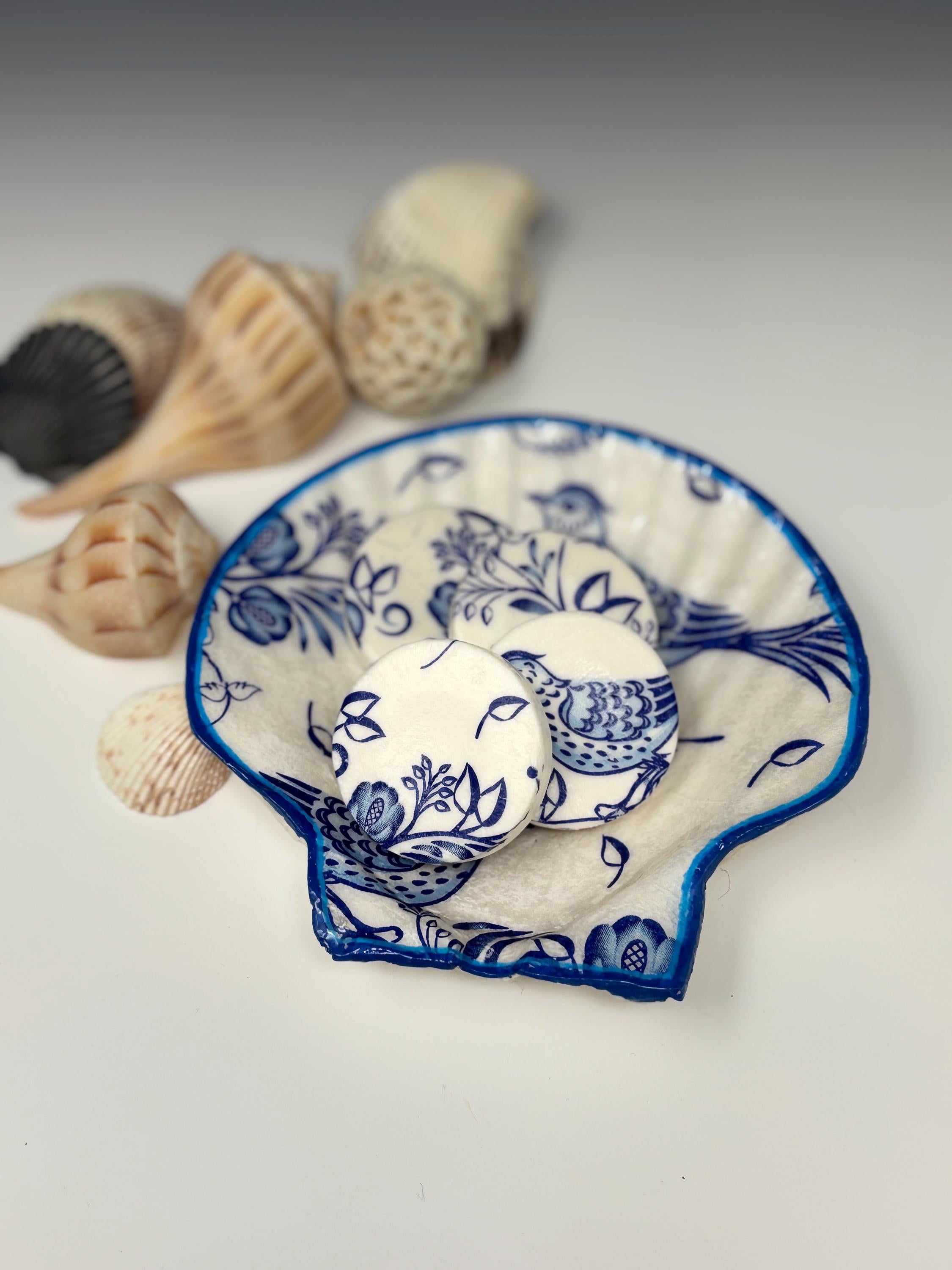 Sea Shell Trinket/Jewelry Dish Decoupage, Blue Bird