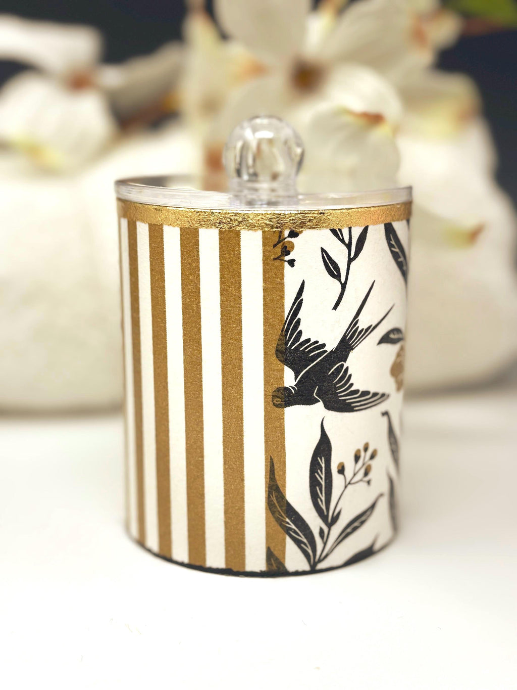 Vanity Jar with Lid, 12 oz., Bold Black and Gold, Floral and Stripe Design
