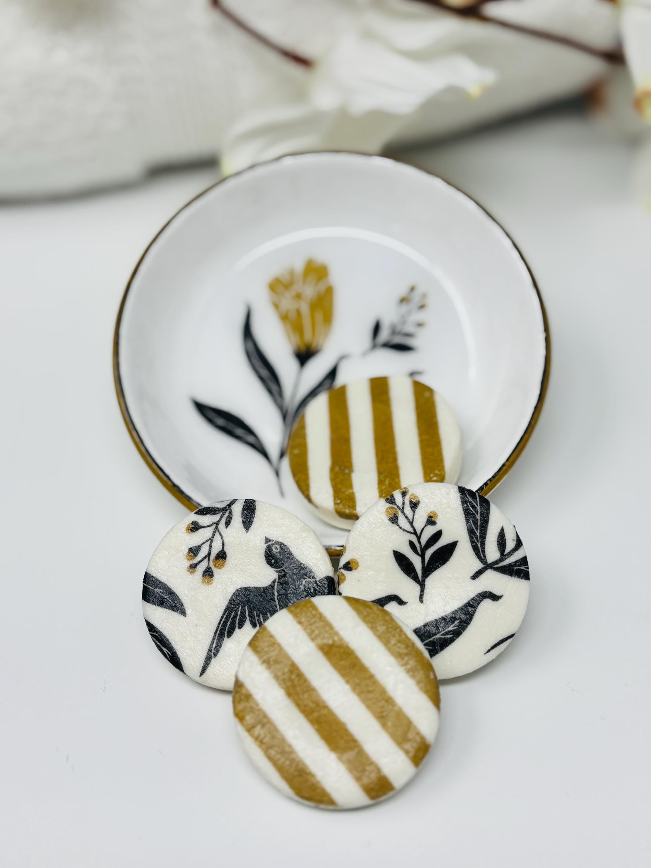 Decorative Mini Soaps, Set of 4, Bold Black and Gold, Floral and Stripe Design