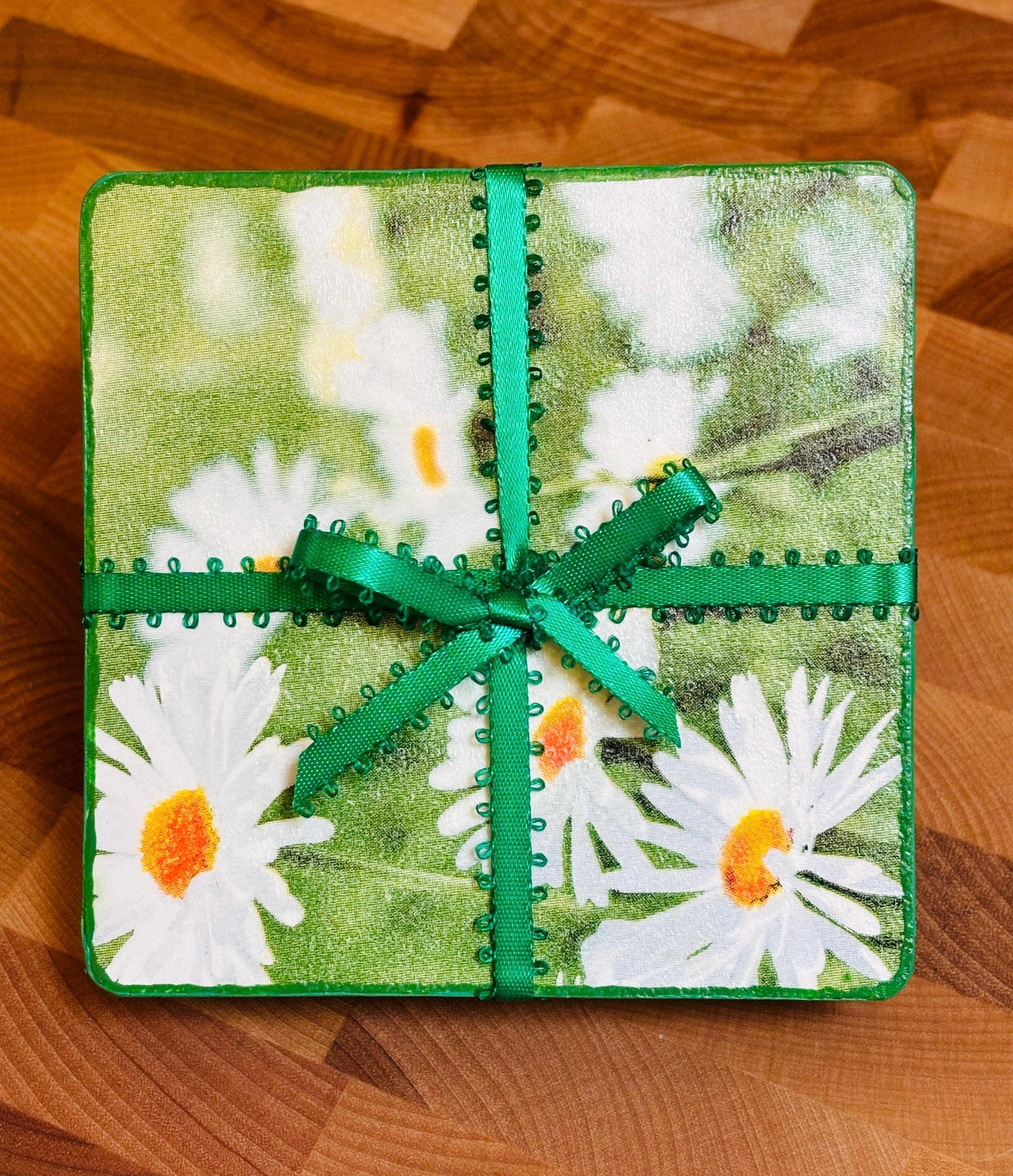 Wood Coasters, Decoupage Art, White Daisies