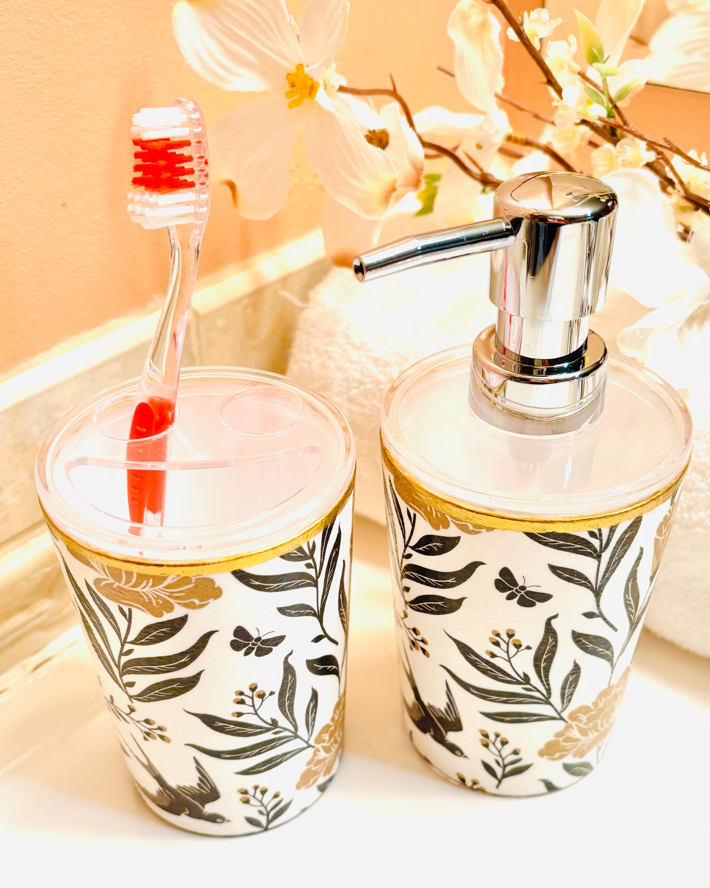 Vanity Soap Dispenser & Toothbrush Holders, Bold Black and Gold, Floral and Stripe Design