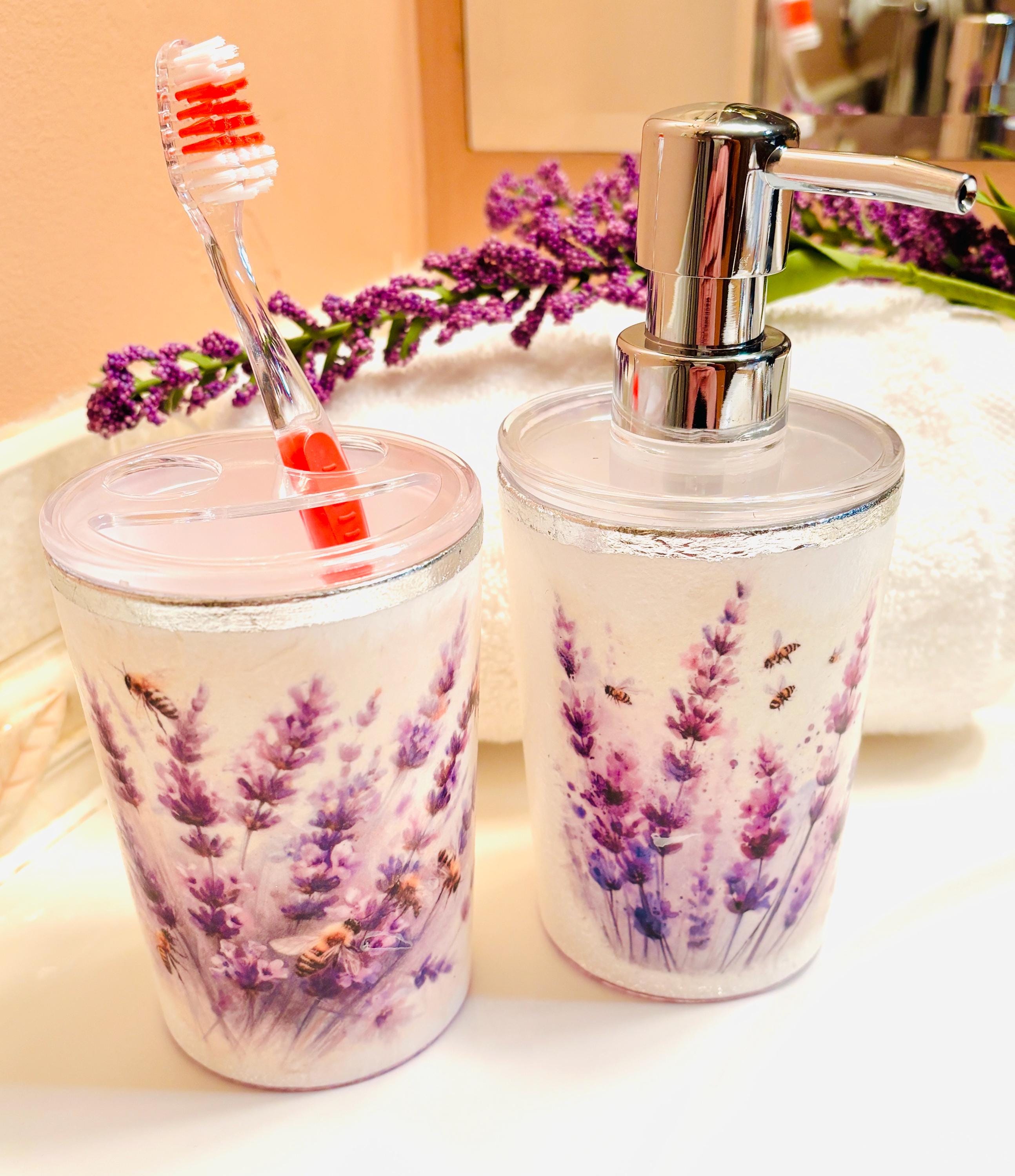 Vanity Soap Dispenser & Toothbrush Holders, Lavender Design