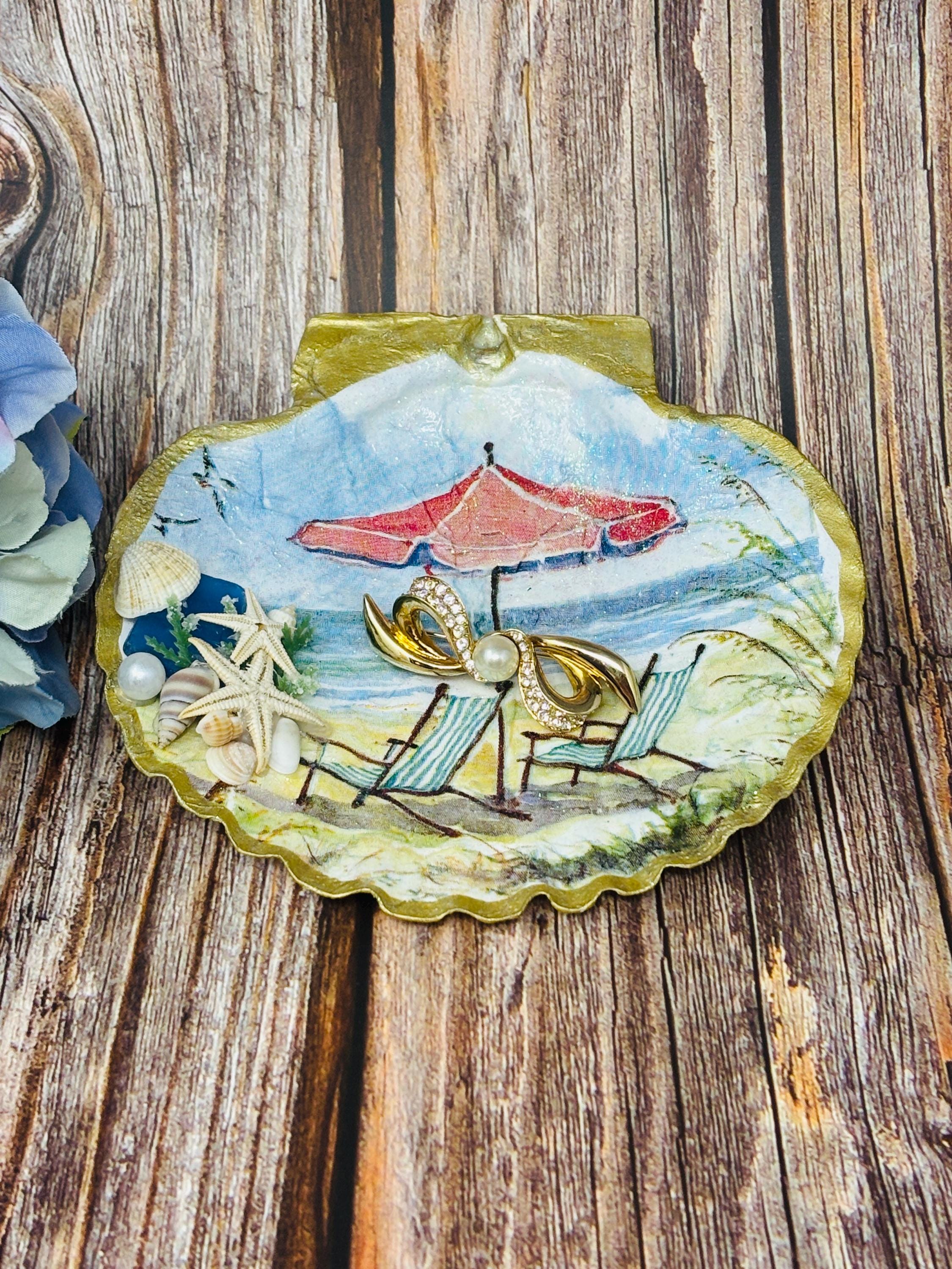 Sea Shell Trinket/Jewelry Dish Decoupage Beach Scene