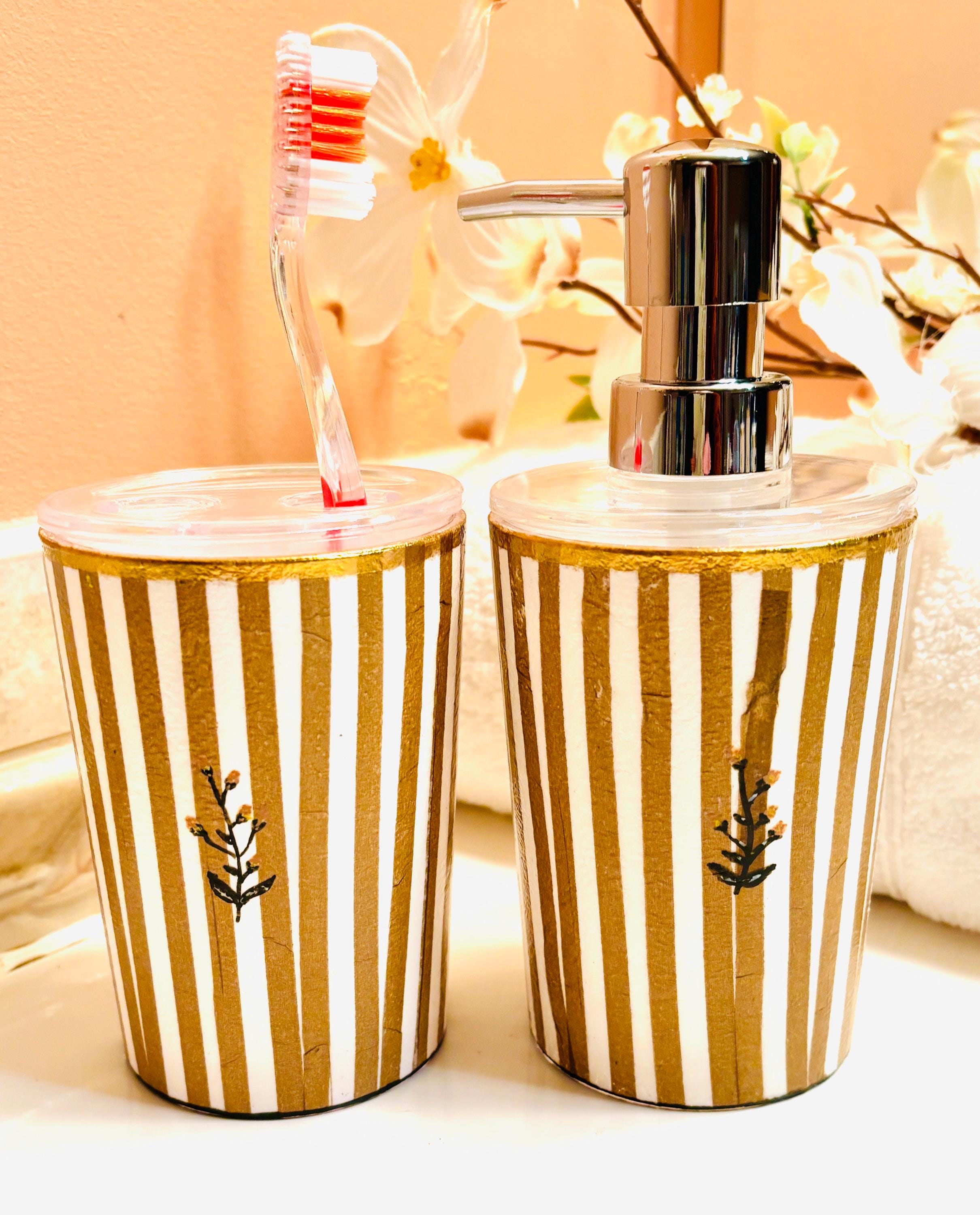 Vanity Soap Dispenser & Toothbrush Holders, Bold Black and Gold, Floral and Stripe Design