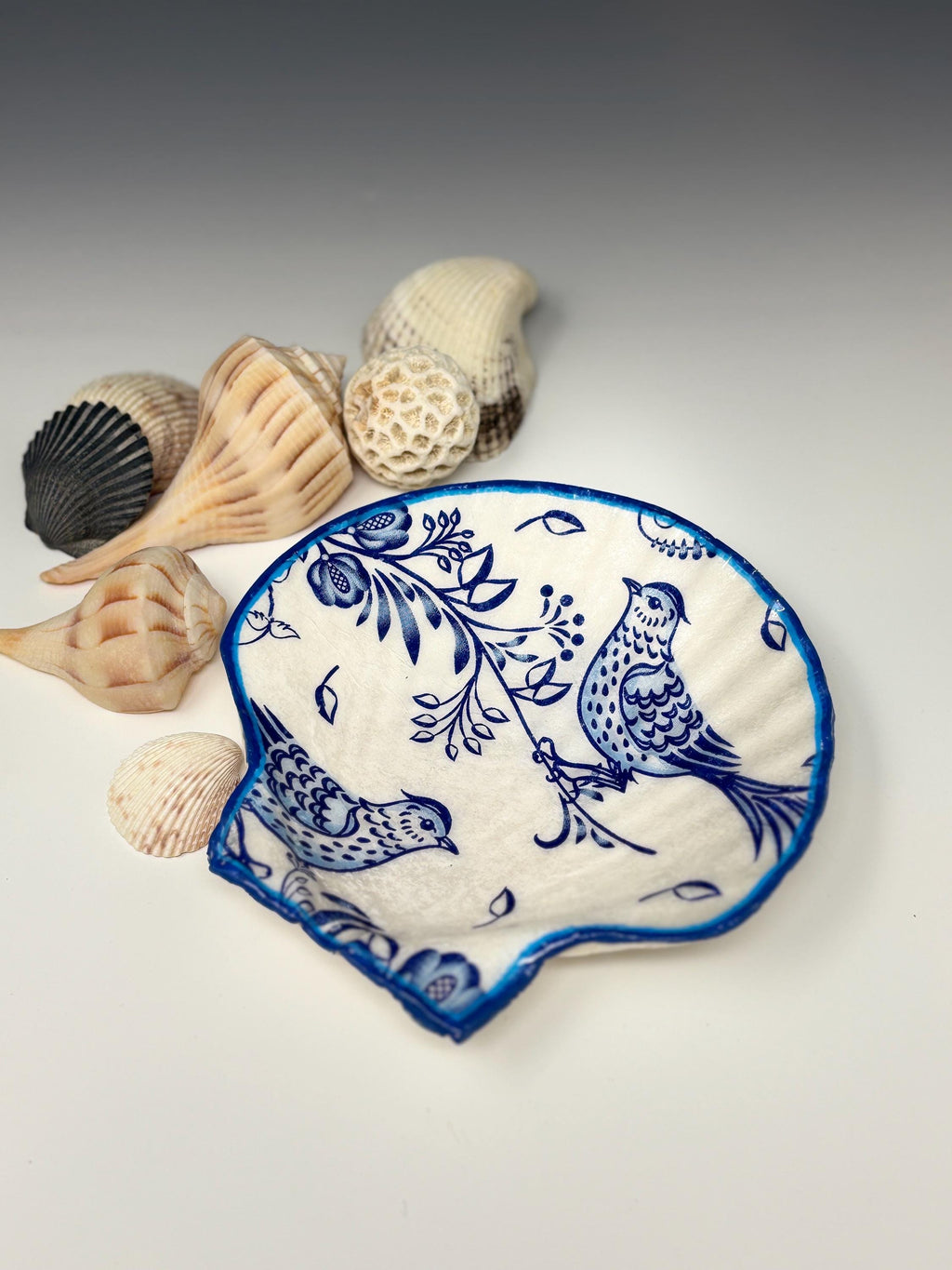 Sea Shell Trinket/Jewelry Dish Decoupage, Blue Bird
