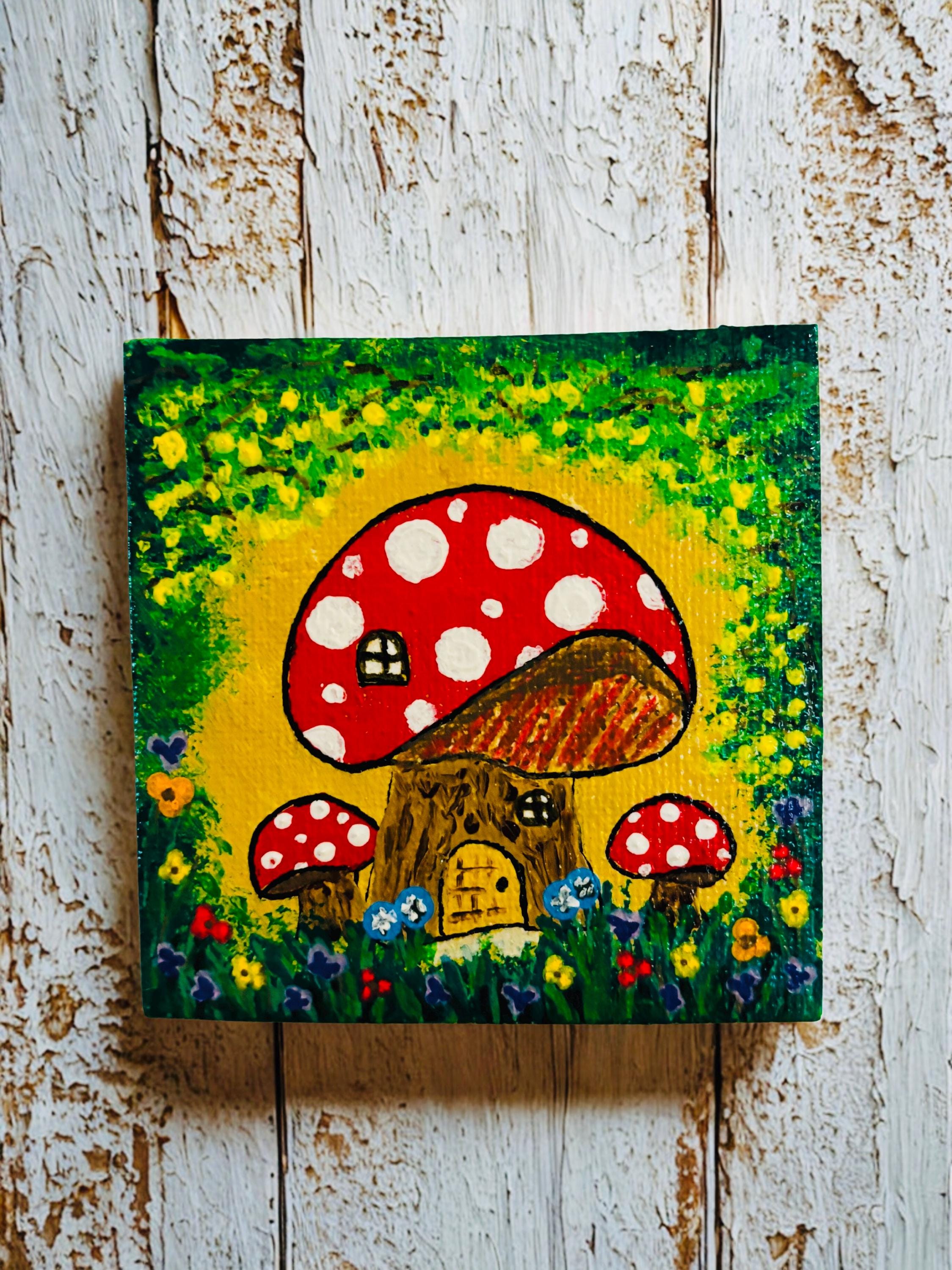 Hand Painted Mini Canvas Magnet, Mushroom Gnome Home