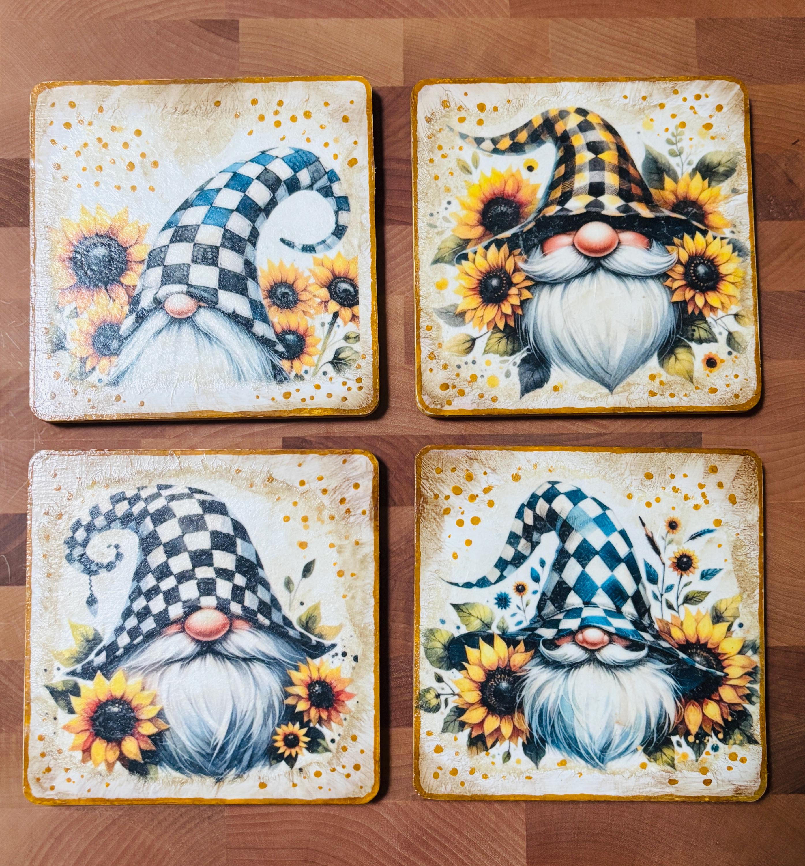 Wood Coasters, Decoupage Art, Gnomes and Sunflowers