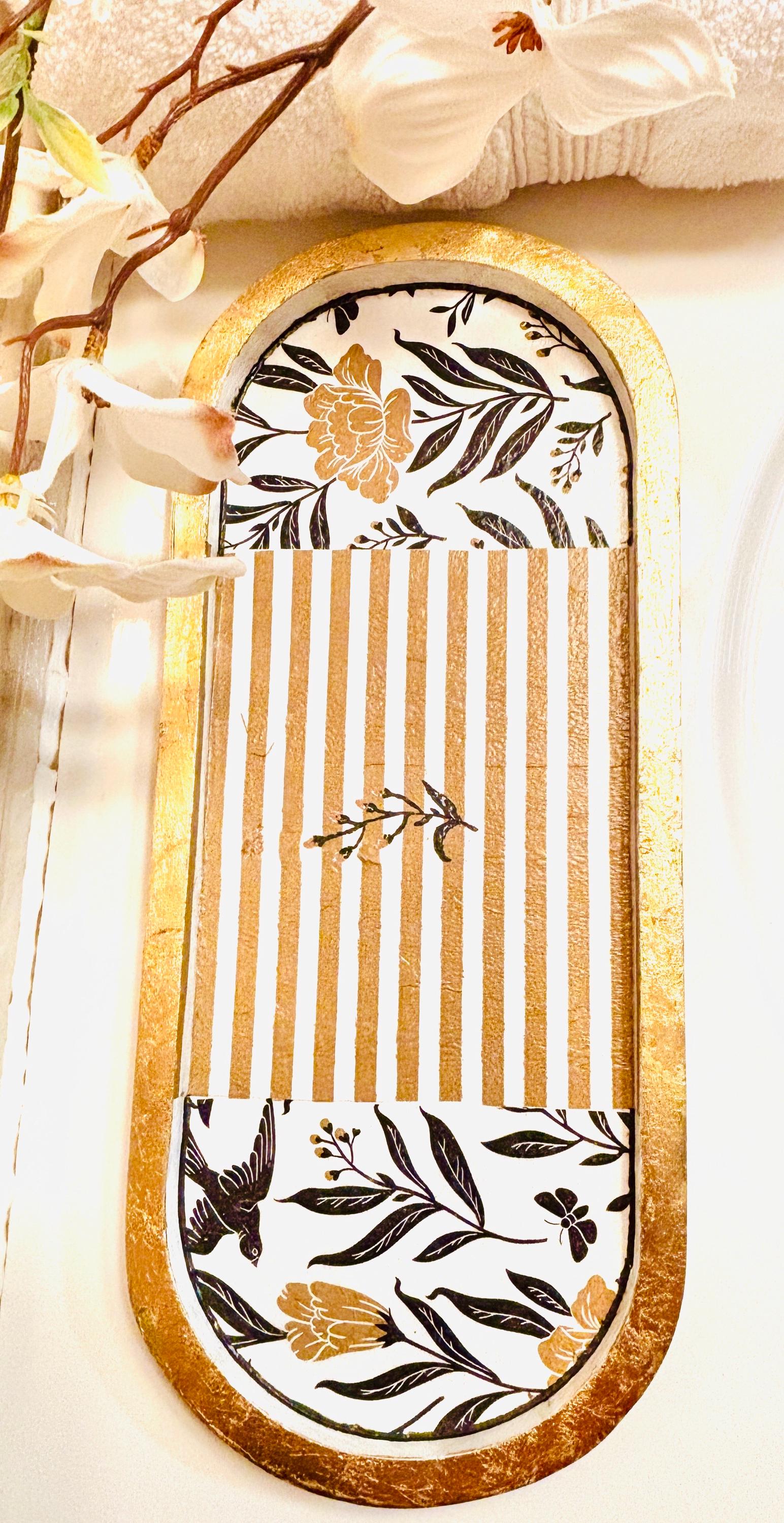 Vanity Tray, Bold Black and Gold, Floral and Stripe Design