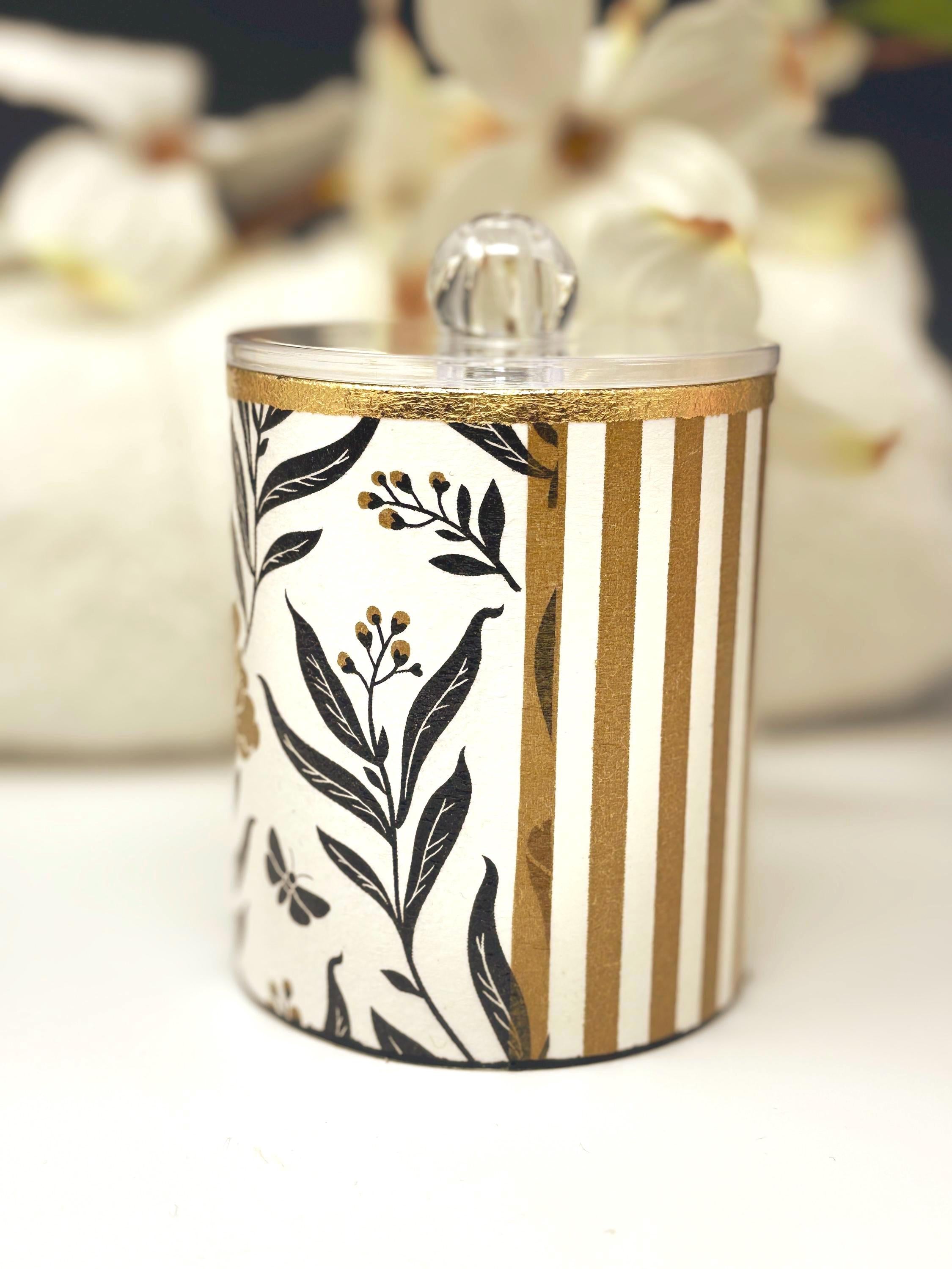 Vanity Jar with Lid, 12 oz., Bold Black and Gold, Floral and Stripe Design