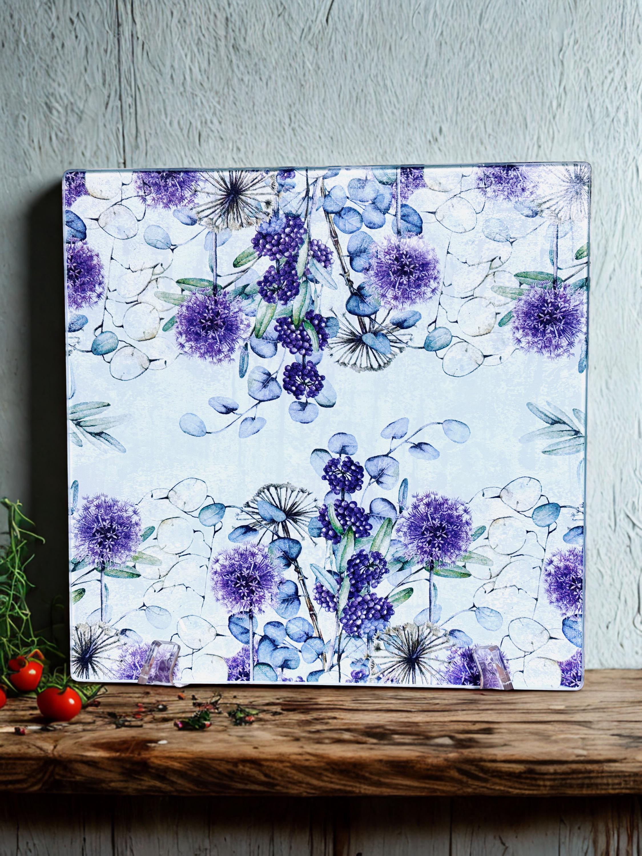 Square 10" Glass Cutting/Cheese Board, Purple Flowers and Raspberries Design