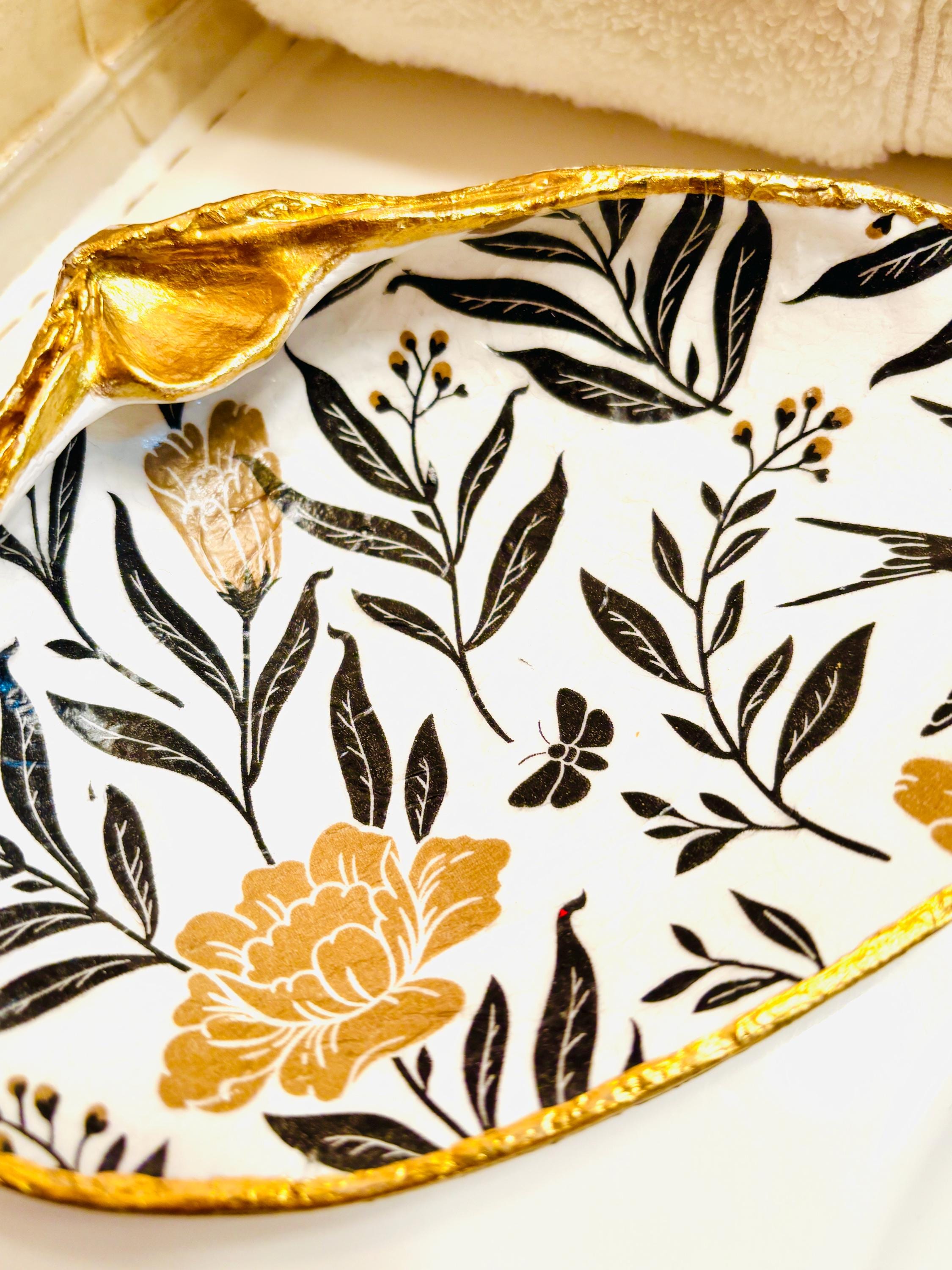 Vanity Ring, Soap or Trinket Dish, Bold Black and Gold, Floral and Stripe Design