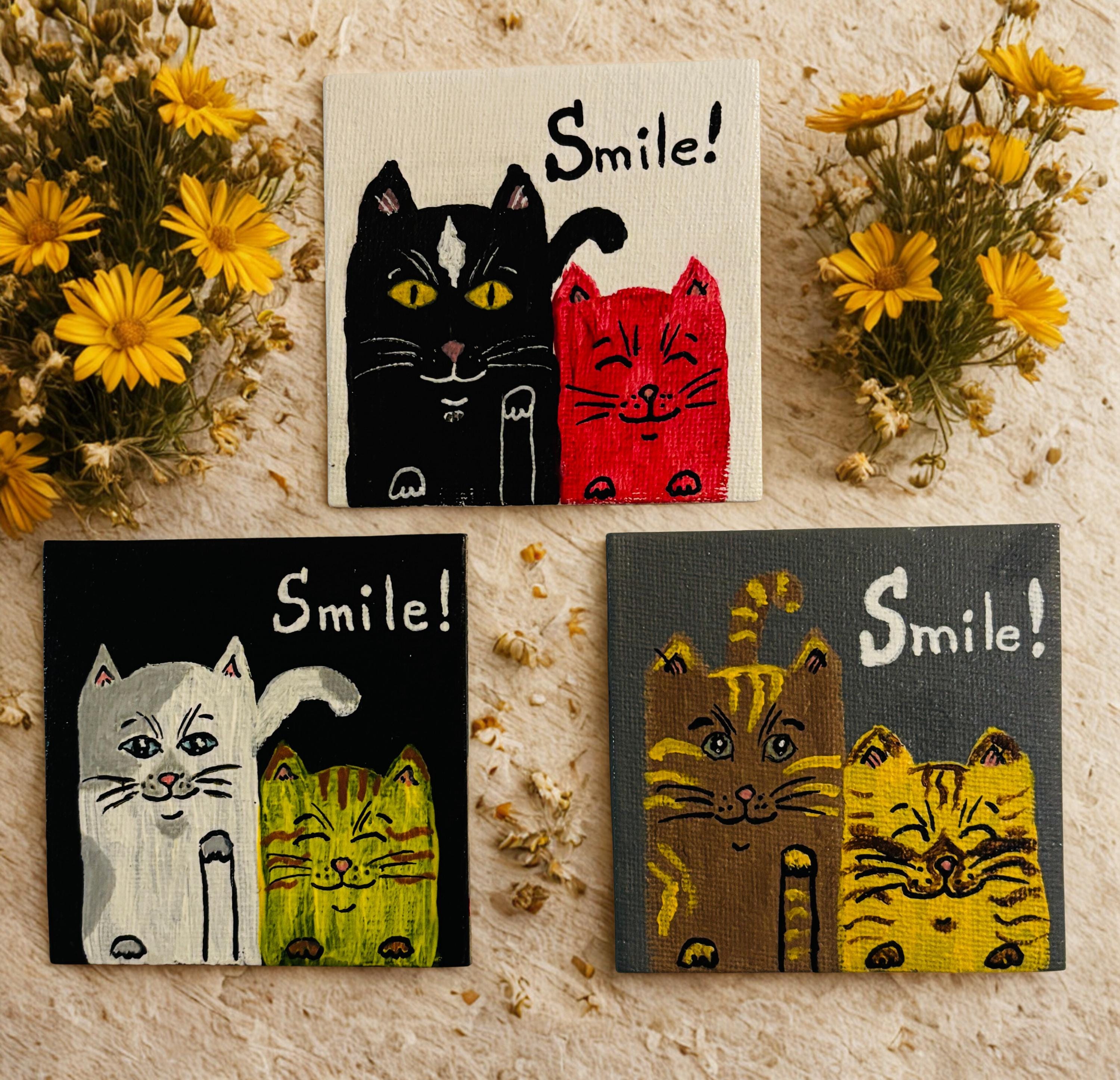 Hand Painted Mini Canvas Magnets, Smiling Cats