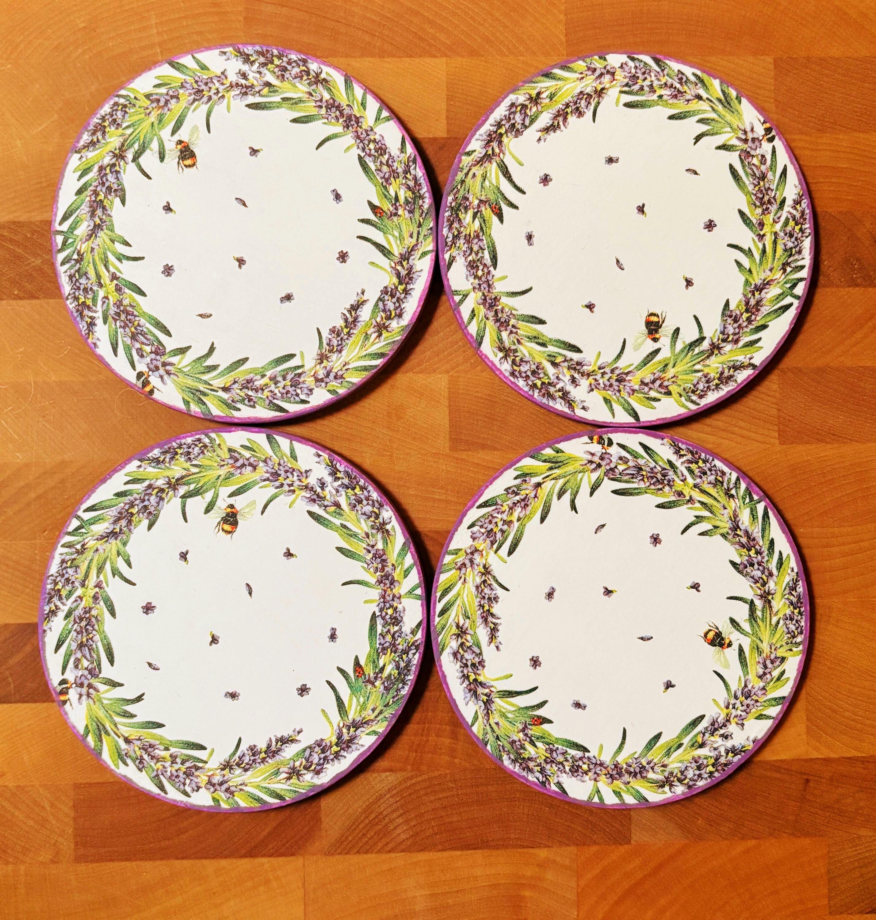Wood Coasters, Decoupage Art, Lavender and Bees
