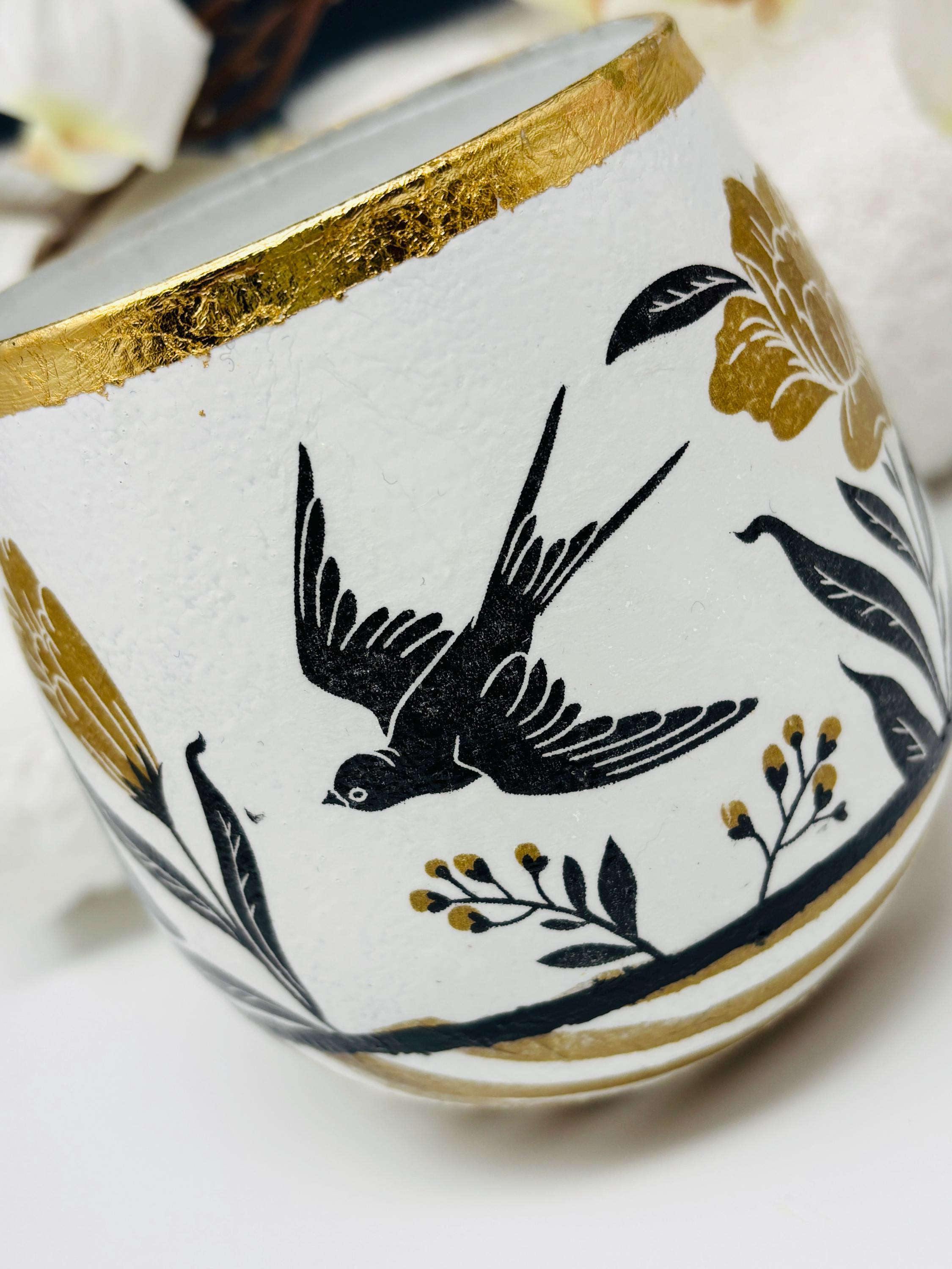 Votive Candle Holder, Bold Black and Gold, Floral and Stripe Design