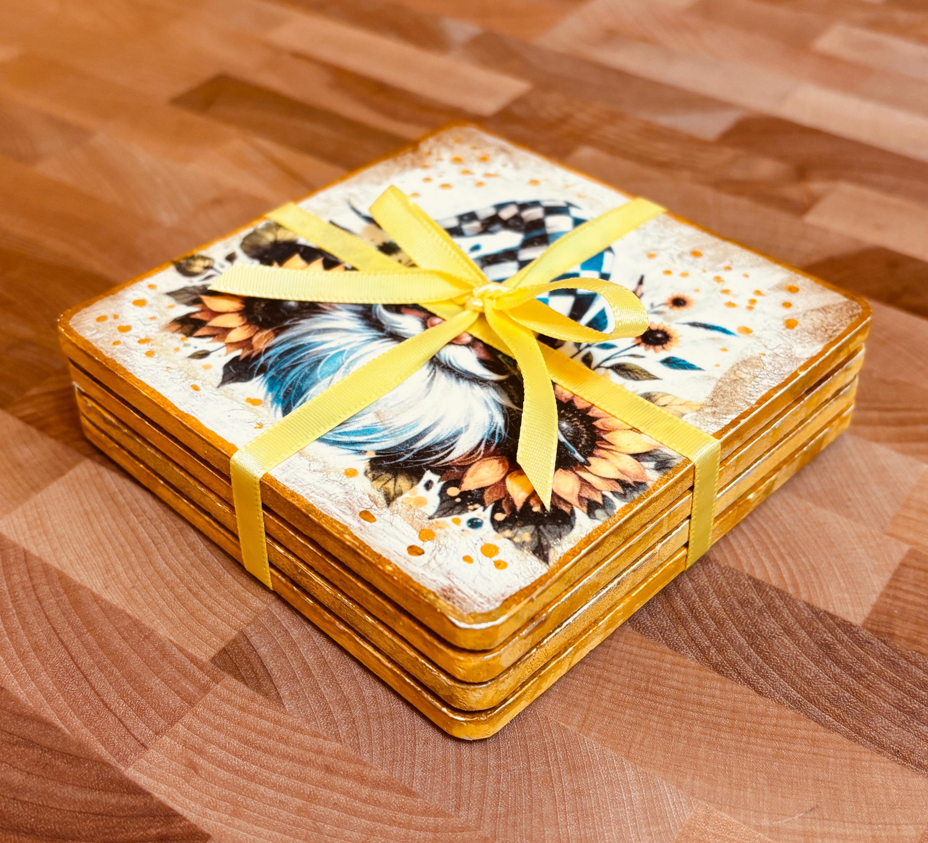 Wood Coasters, Decoupage Art, Gnomes and Sunflowers