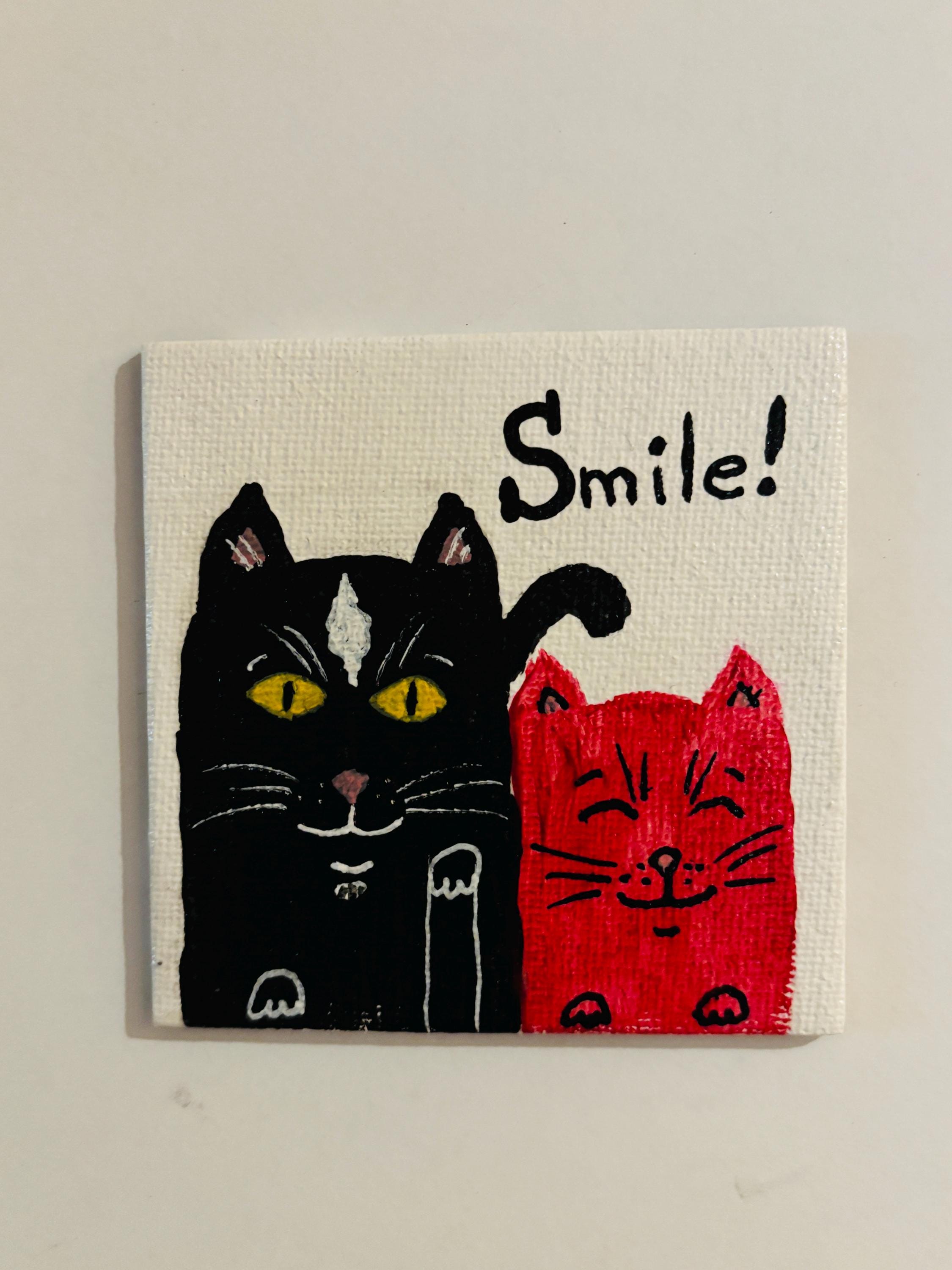 Hand Painted Mini Canvas Magnets, Smiling Cats