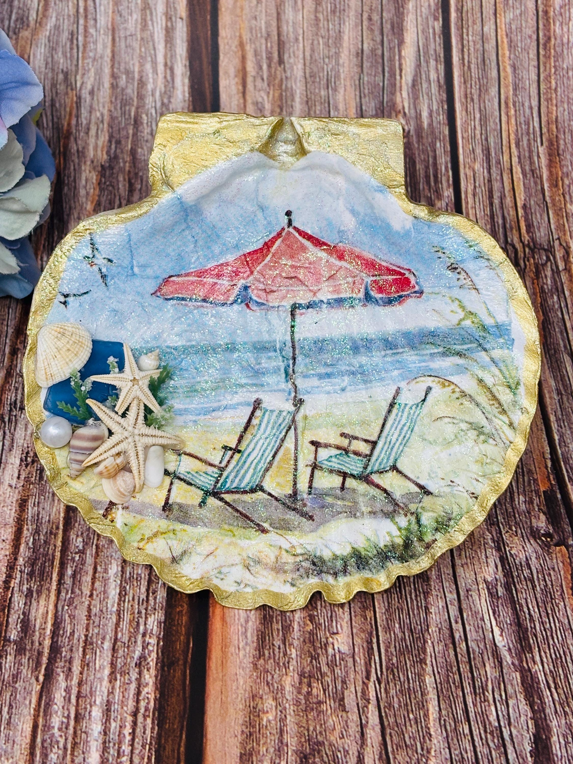 Sea Shell Trinket/Jewelry Dish Decoupage Beach Scene