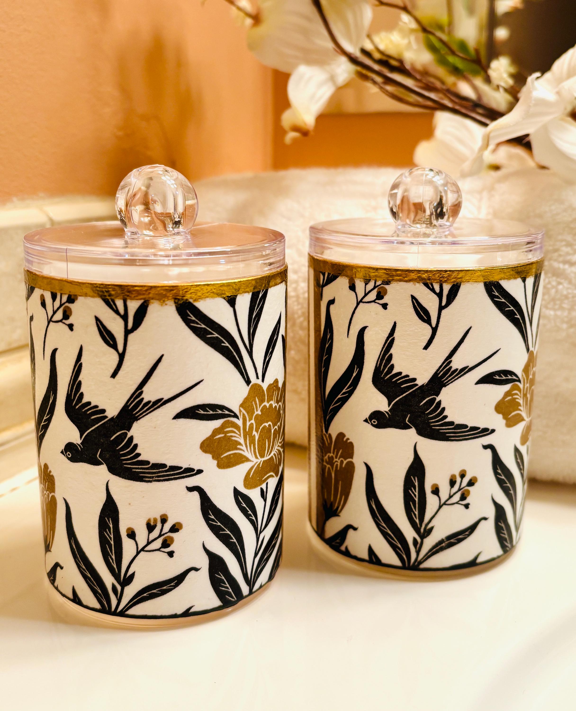 Vanity Jars with Lids, 10 oz. Set of 2, Bold Black and Gold, Floral and Stripe Design
