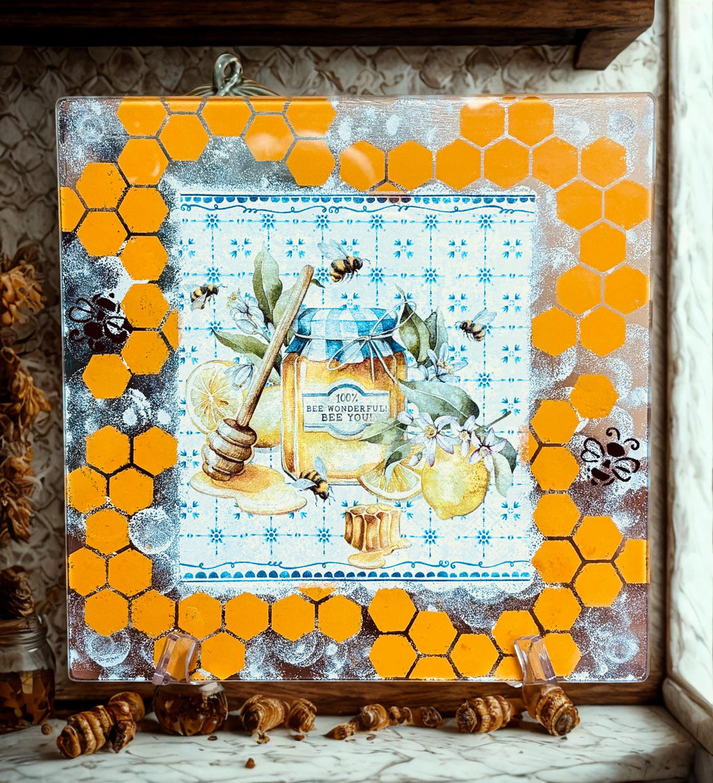 Charcuterie Board Square 10" Glass, Honey Bee