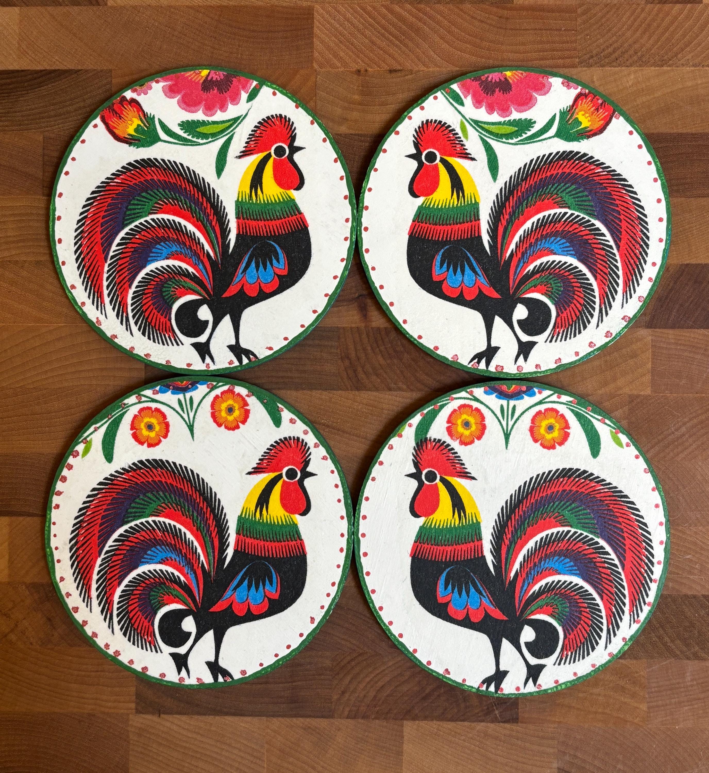 Wood Coasters, Decoupage Art, Roosters