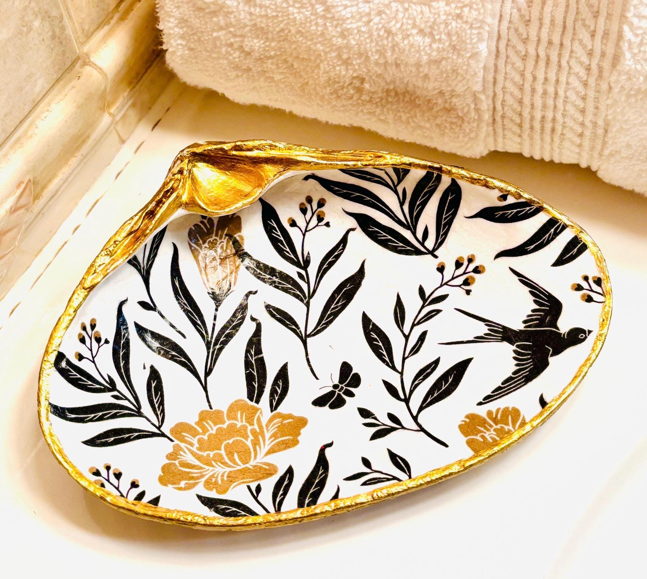 Vanity Ring, Soap or Trinket Dish, Bold Black and Gold, Floral and Stripe Design