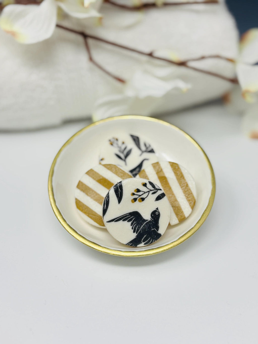 Decorative Mini Soaps, Set of 4, Bold Black and Gold, Floral and Stripe Design