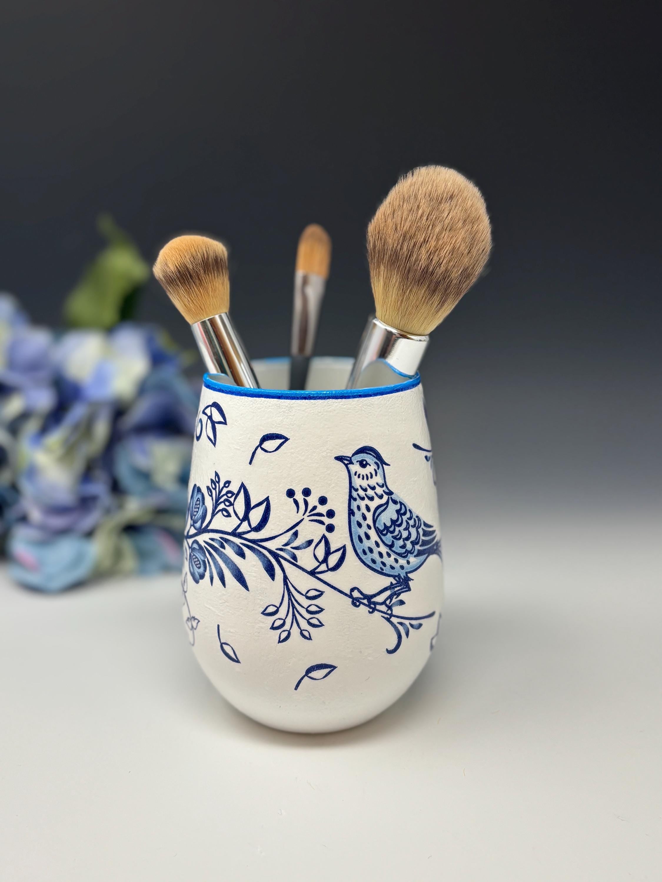Makeup Brush Holder or Vase, Blue Bird